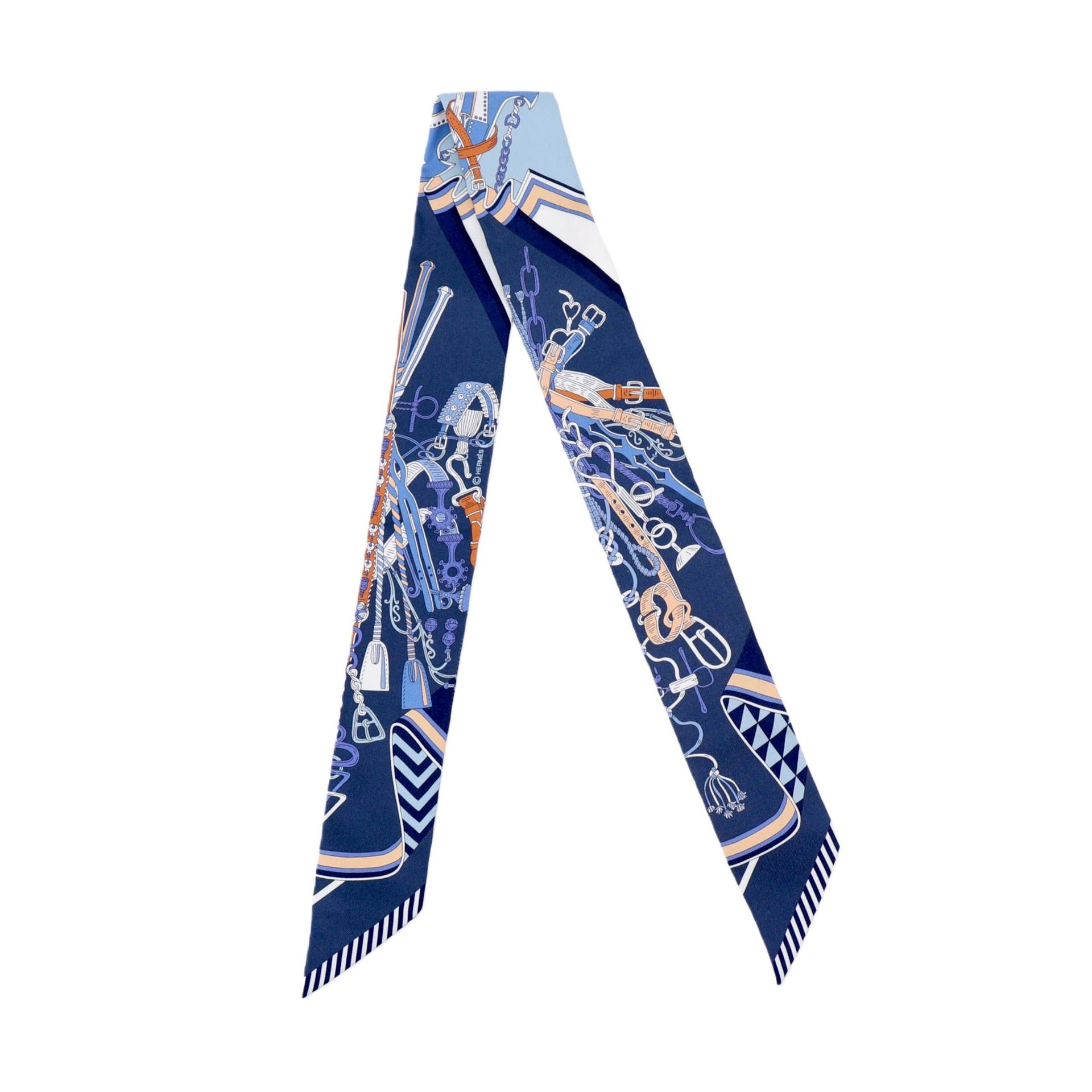 Brand New ( Rank N ) HERMÈS Twilly Bouquets Sellier Blue Silk - 2