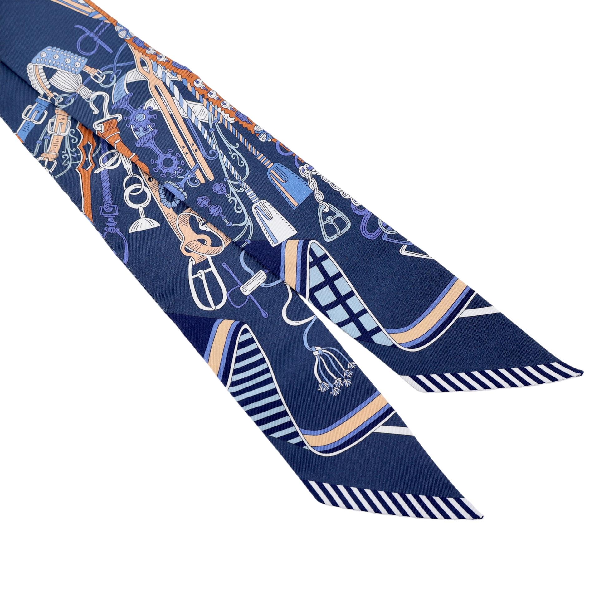 Brand New ( Rank N ) HERMÈS Twilly Bouquets Sellier Blue Silk - 4
