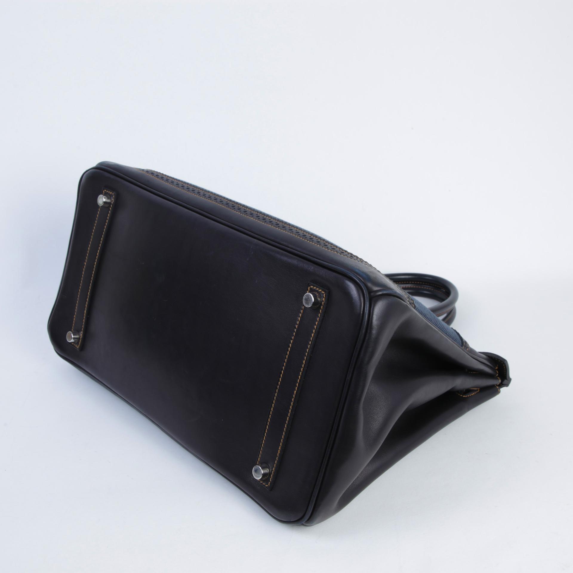 中古AB HERMÈS 愛馬仕 Birkin Ghillies 35 89 黑色 Noir (Black) Fonce Denim Evercalf皮 Toile H 帆布 拉絲銀扣 □P刻 2012年 - 5