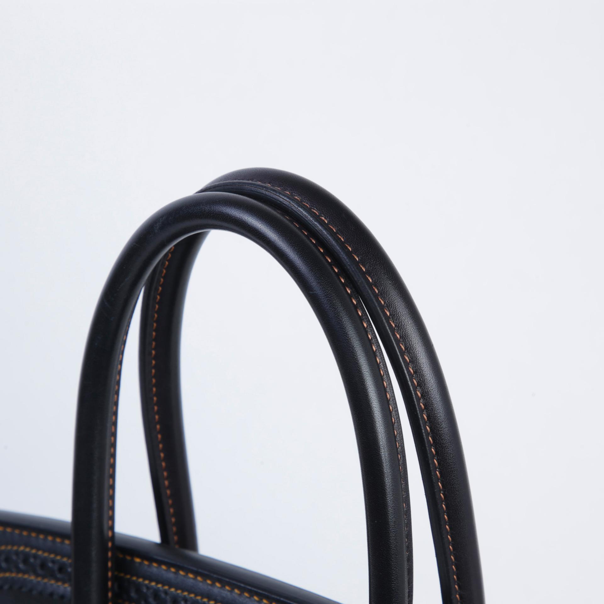 中古AB HERMÈS 愛馬仕 Birkin Ghillies 35 89 黑色 Noir (Black) Fonce Denim Evercalf皮 Toile H 帆布 拉絲銀扣 □P刻 2012年 - 3
