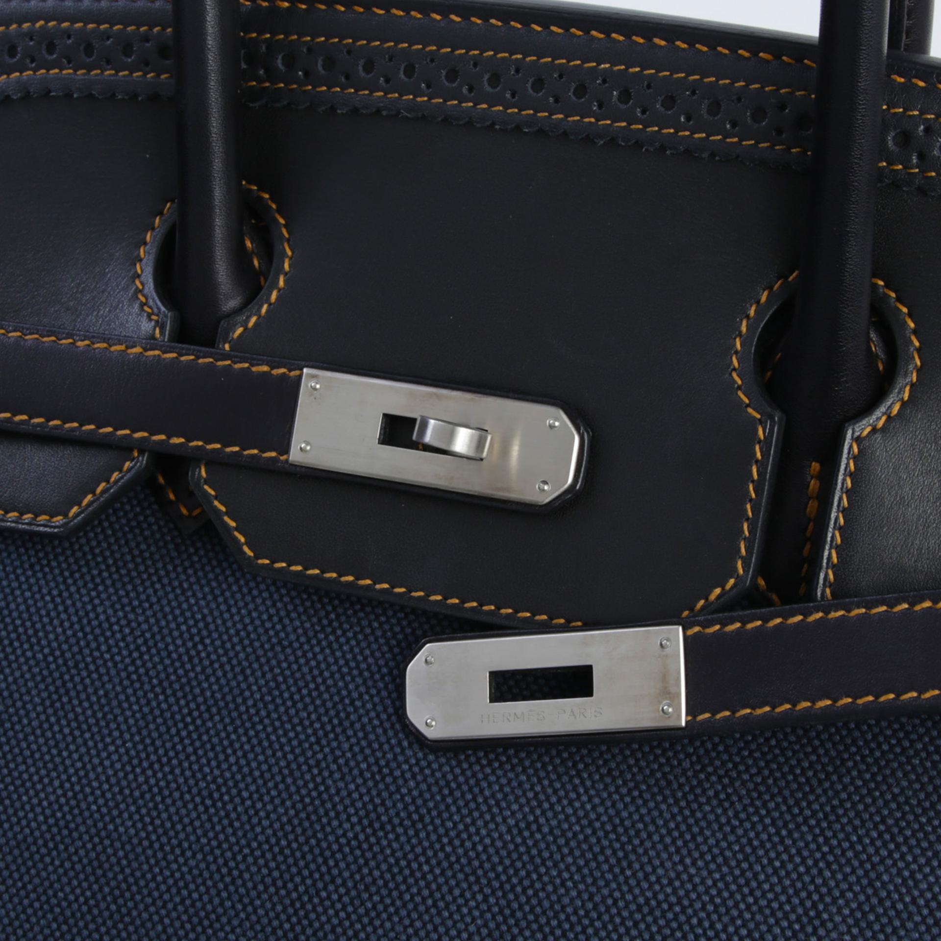 中古AB HERMÈS 愛馬仕 Birkin Ghillies 35 89 黑色 Noir (Black) Fonce Denim Evercalf皮 Toile H 帆布 拉絲銀扣 □P刻 2012年 - 8