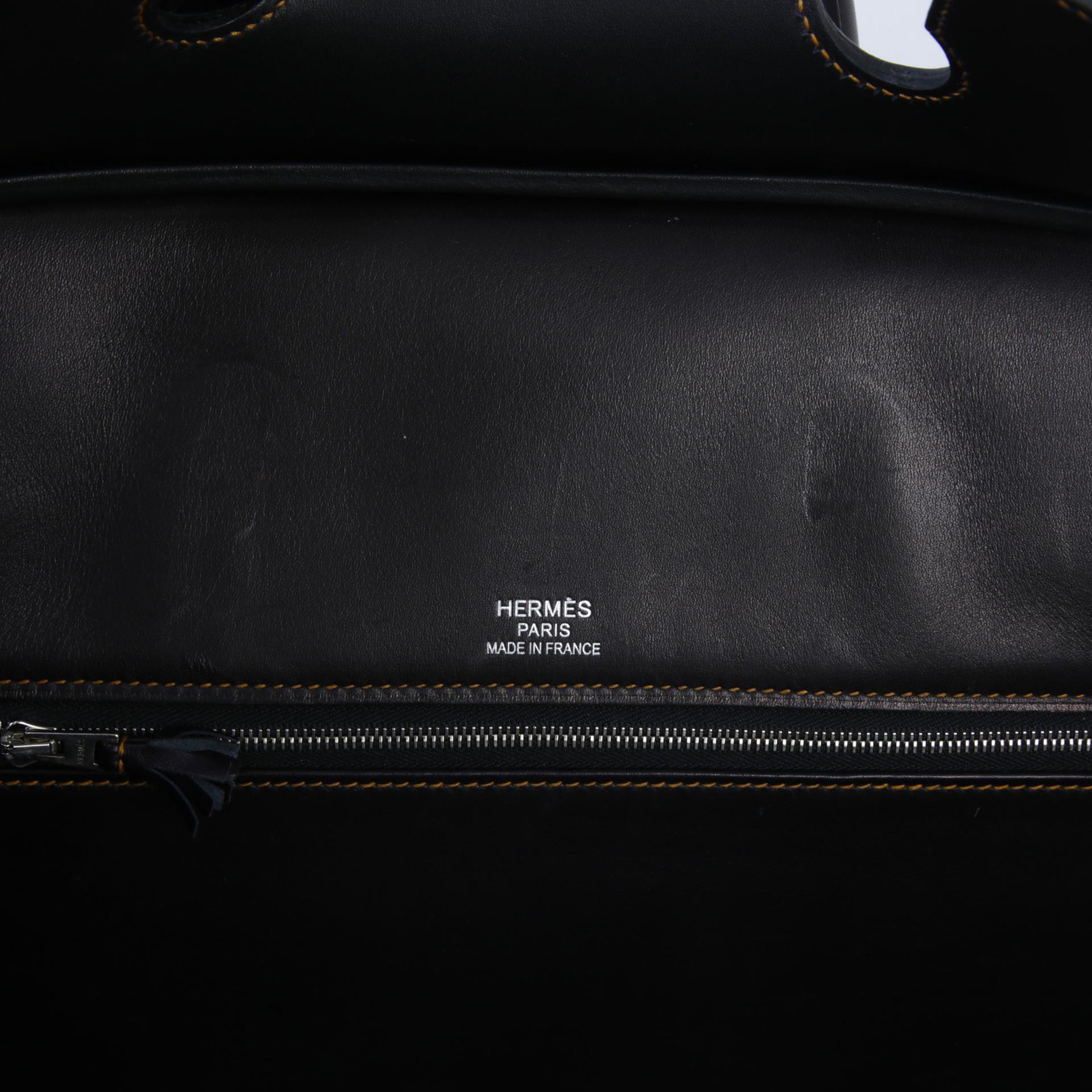 中古AB HERMÈS 愛馬仕 Birkin Ghillies 35 89 黑色 Noir (Black) Fonce Denim Evercalf皮 Toile H 帆布 拉絲銀扣 □P刻 2012年 - 11