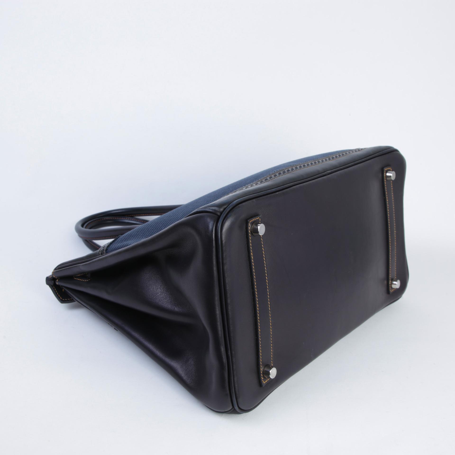 中古AB HERMÈS 愛馬仕 Birkin Ghillies 35 89 黑色 Noir (Black) Fonce Denim Evercalf皮 Toile H 帆布 拉絲銀扣 □P刻 2012年 - 6
