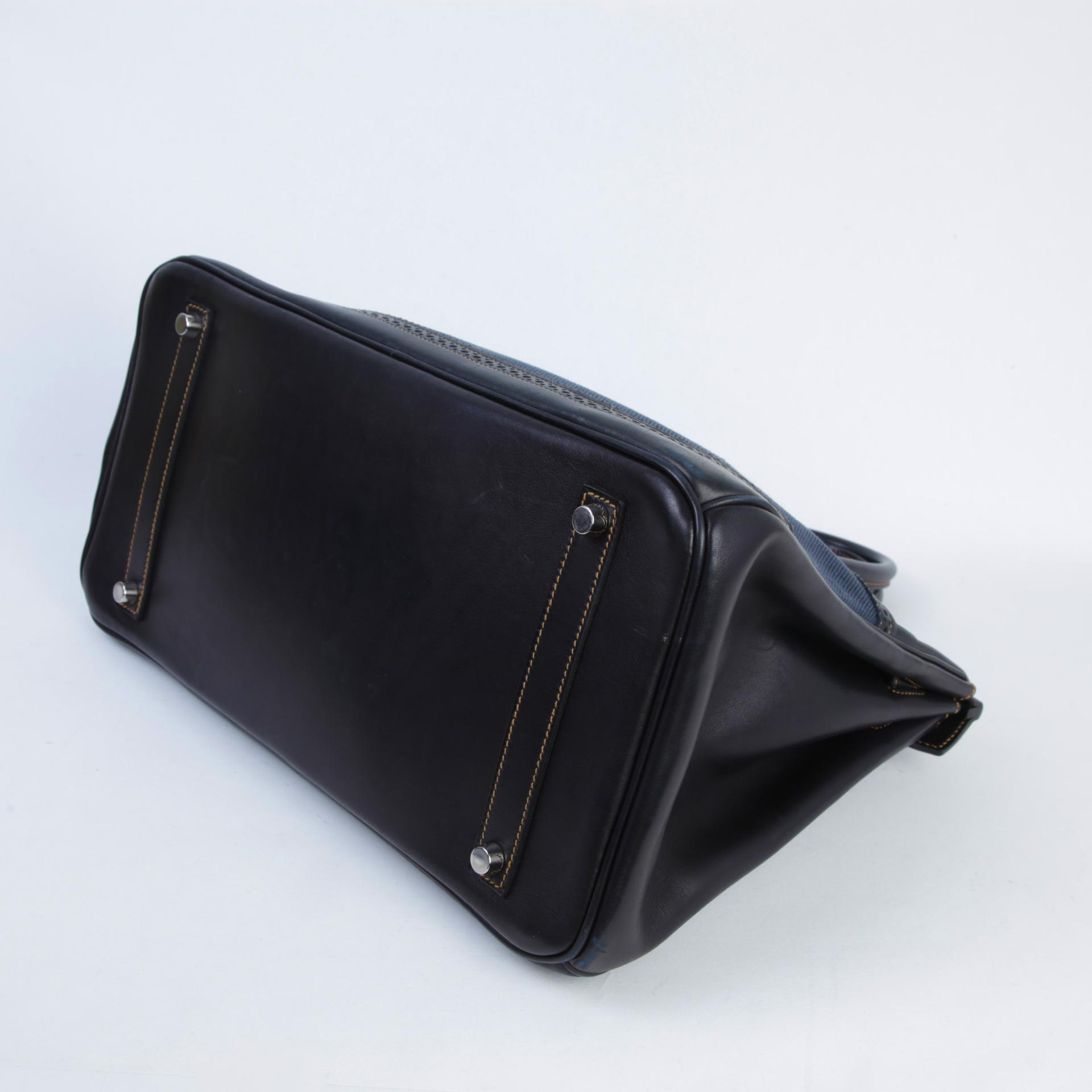 中古AB HERMÈS 愛馬仕 Birkin Ghillies 35 89 黑色 Noir (Black) Fonce Denim Evercalf皮 Toile H 帆布 拉絲銀扣 □P刻 2012年 - 7