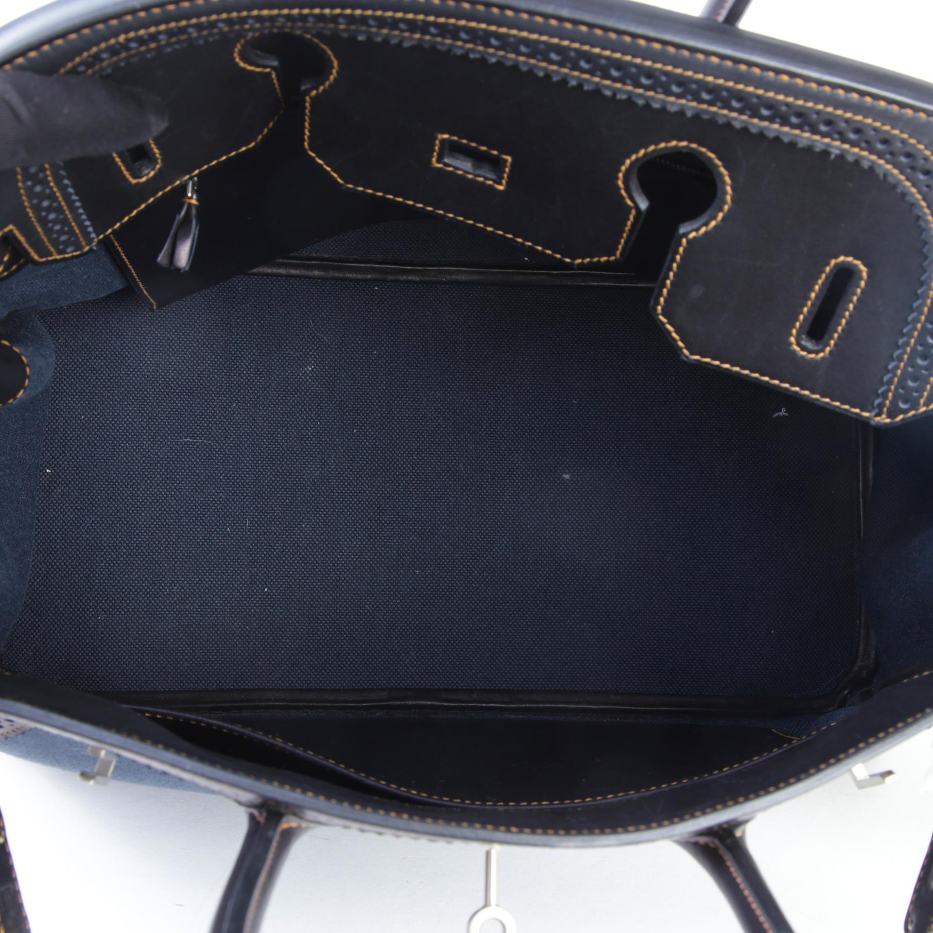 中古AB HERMÈS 愛馬仕 Birkin Ghillies 35 89 黑色 Noir (Black) Fonce Denim Evercalf皮 Toile H 帆布 拉絲銀扣 □P刻 2012年 - 12