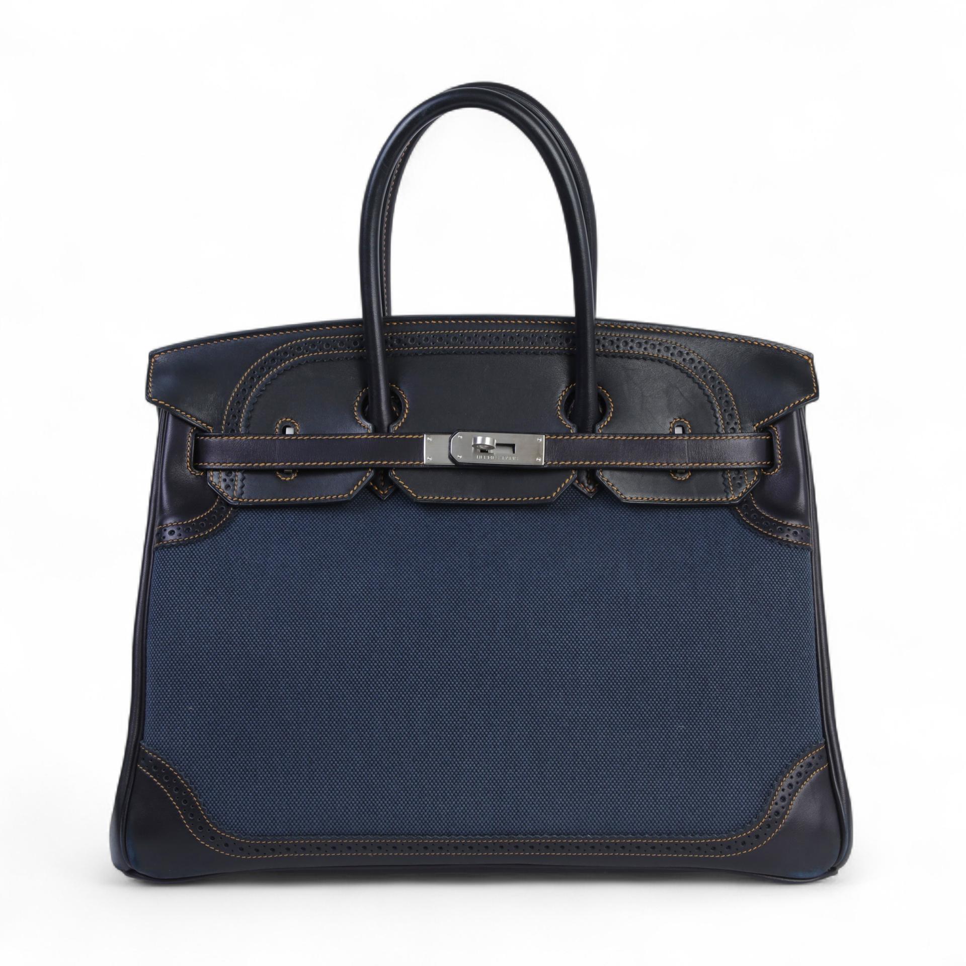 中古AB HERMÈS 愛馬仕 Birkin Ghillies 35 89 黑色 Noir (Black) Fonce Denim Evercalf皮 Toile H 帆布 拉絲銀扣 □P刻 2012年 - 1