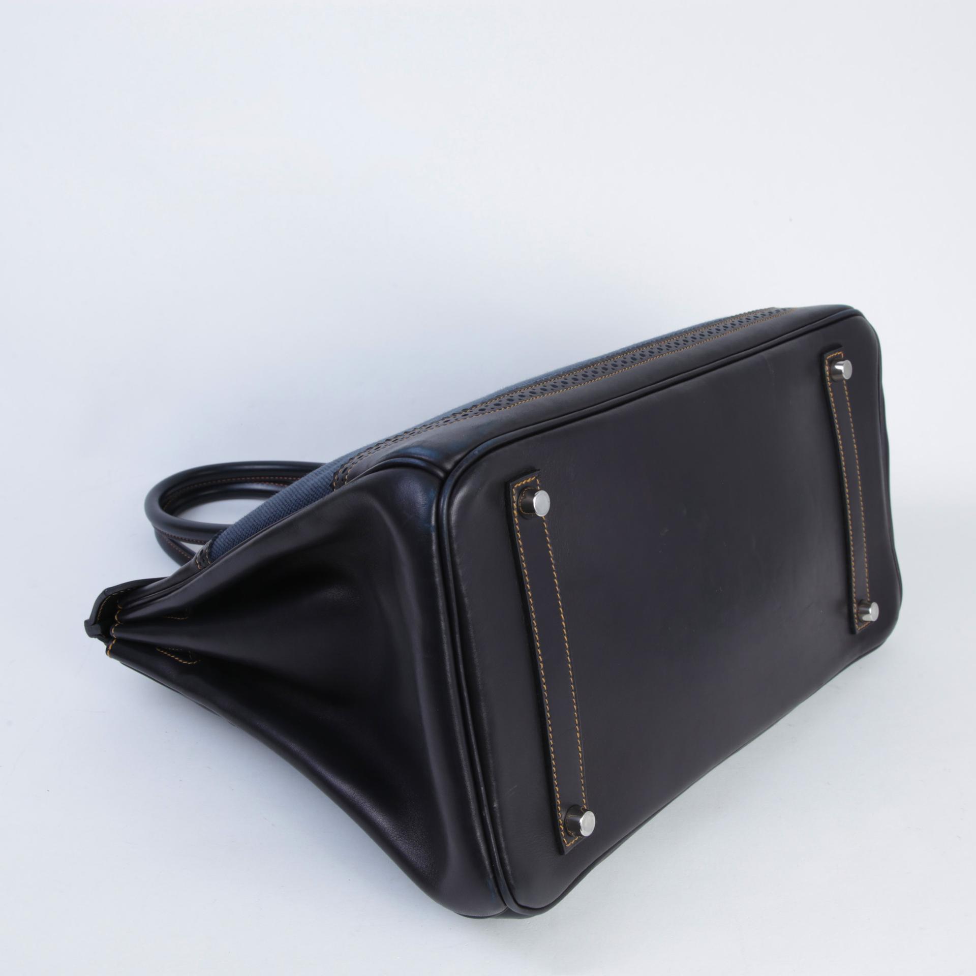 中古AB HERMÈS 愛馬仕 Birkin Ghillies 35 89 黑色 Noir (Black) Fonce Denim Evercalf皮 Toile H 帆布 拉絲銀扣 □P刻 2012年 - 4