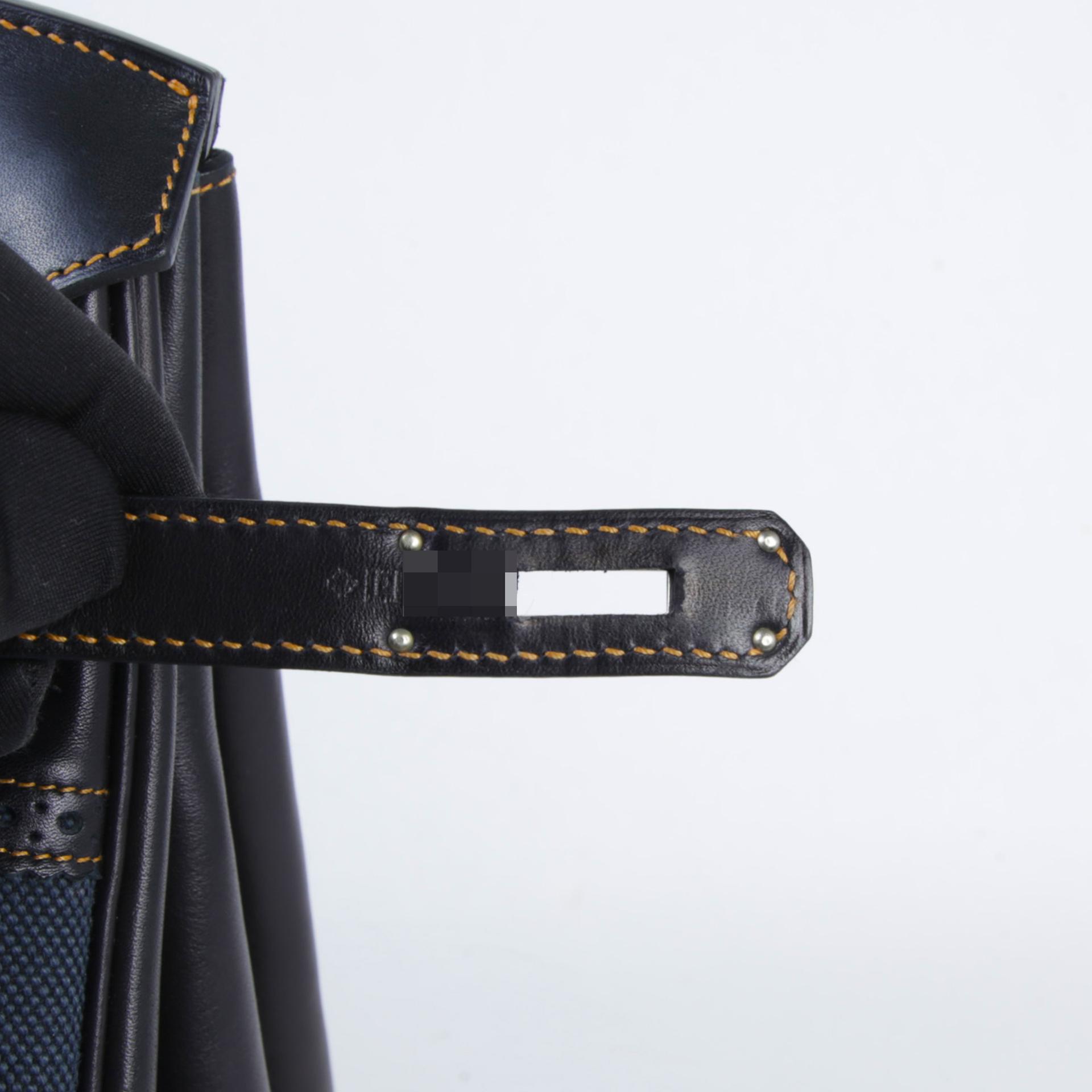 中古AB HERMÈS 愛馬仕 Birkin Ghillies 35 89 黑色 Noir (Black) Fonce Denim Evercalf皮 Toile H 帆布 拉絲銀扣 □P刻 2012年 - 9