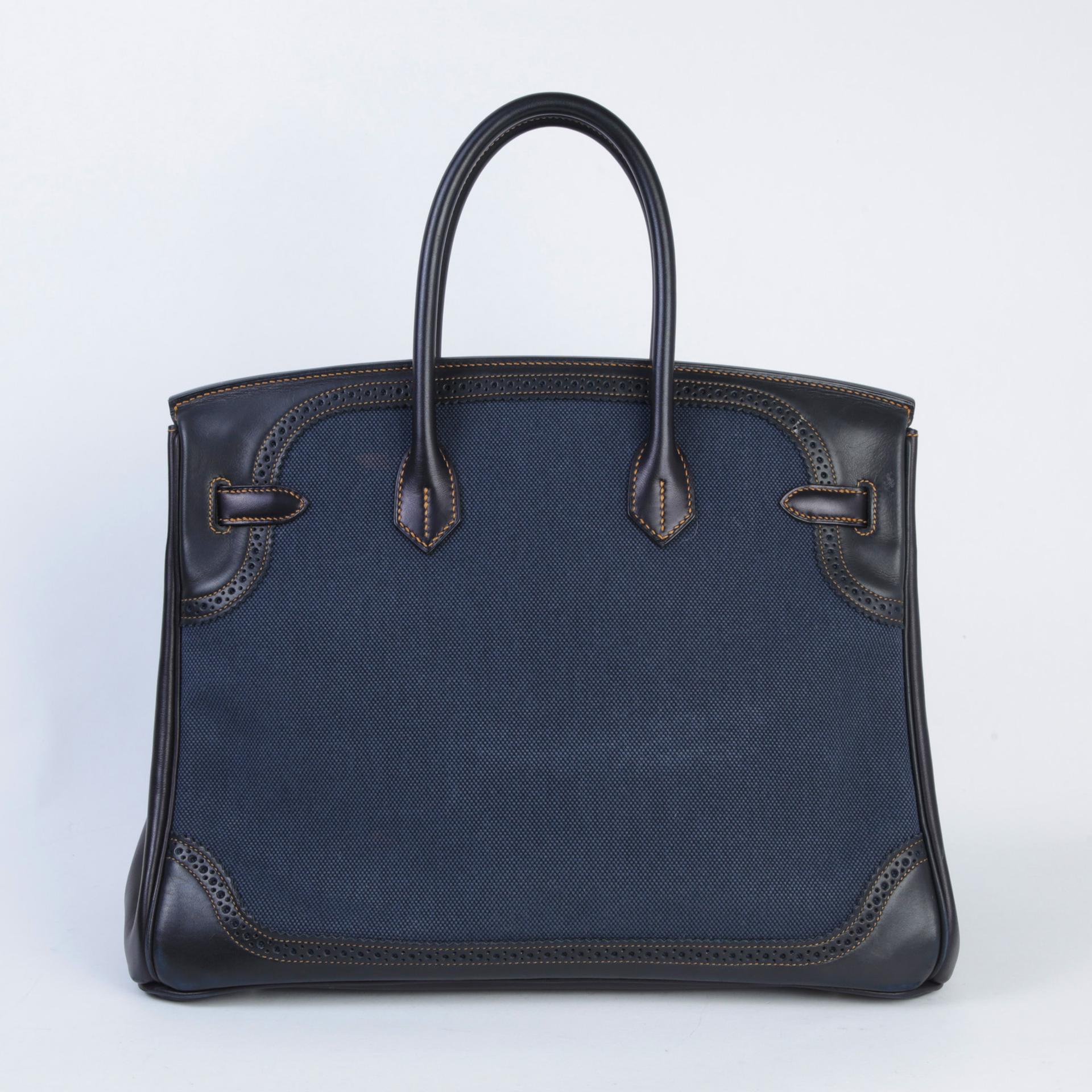 中古AB HERMÈS 愛馬仕 Birkin Ghillies 35 89 黑色 Noir (Black) Fonce Denim Evercalf皮 Toile H 帆布 拉絲銀扣 □P刻 2012年 - 2