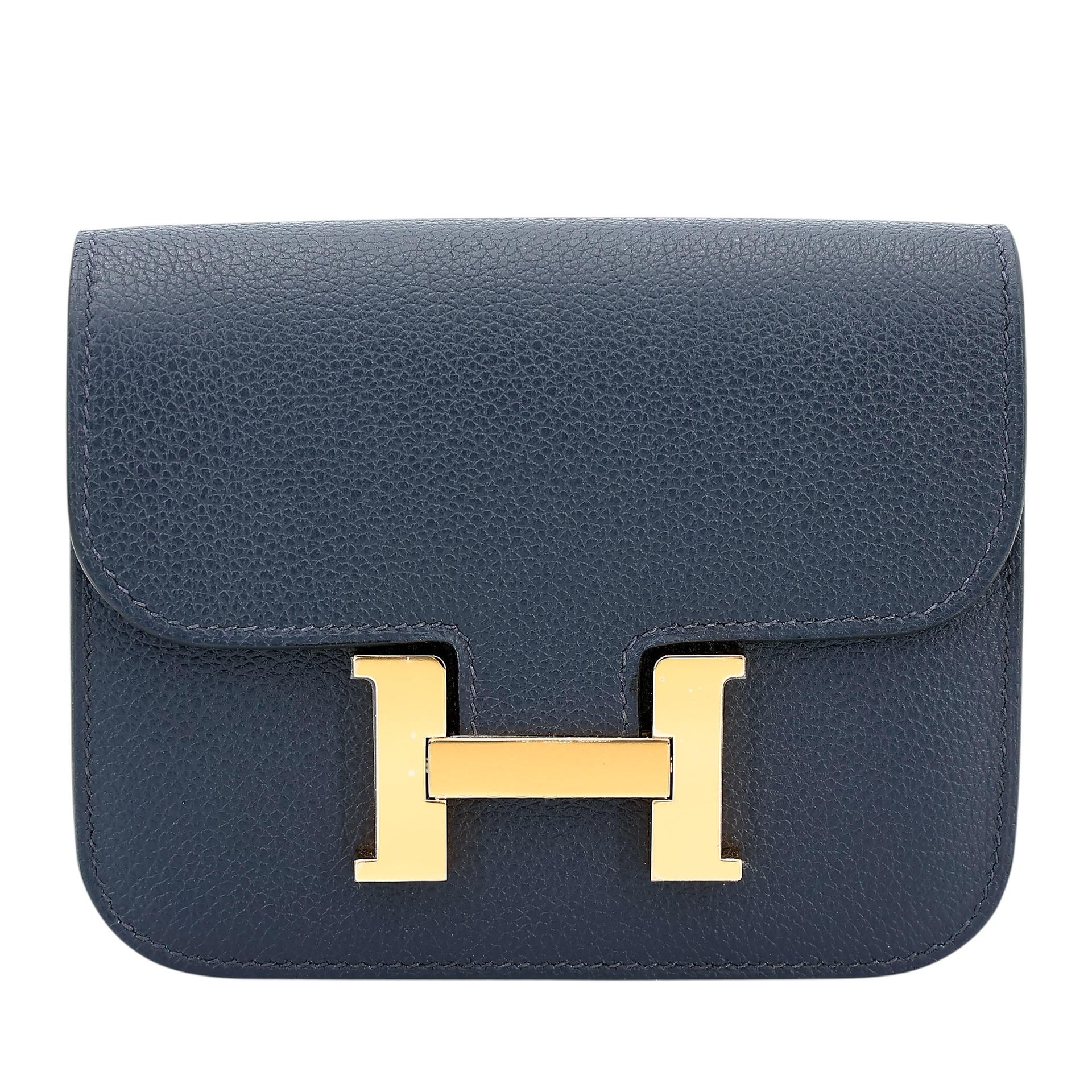 Unused ( Rank NS ) HERMÈS Constance Slim Wallet Bleu Nuit (2Z) Evercolor Gold hardware U (2022) - 1