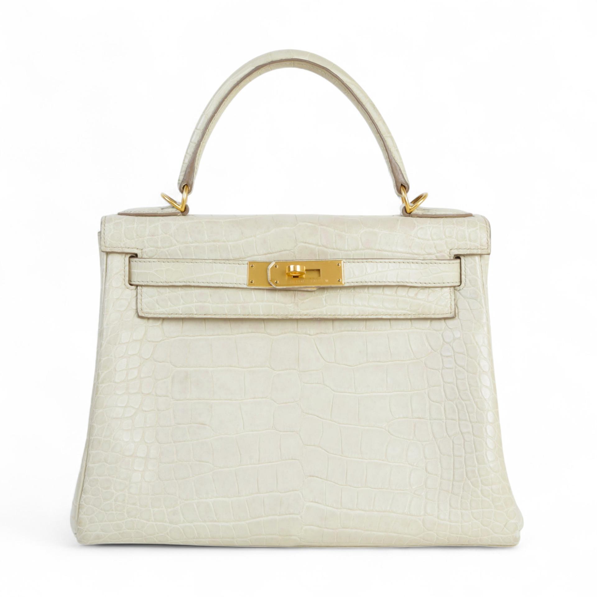 Fair ( Rank B ) HERMÈS Kelly 28 Beton (8L) Bleu Paon (7F) Matte Alligator Brushed Gold hardware C (2018) - 1