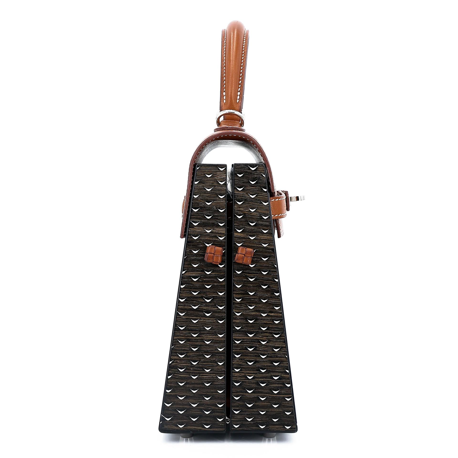 Excellent ( Rank SA ) HERMÈS Limited Edition Kelly Wood 22 Noir (89) Fauve (34) Barenia Wood Palladium hardware Z (2021) - 8
