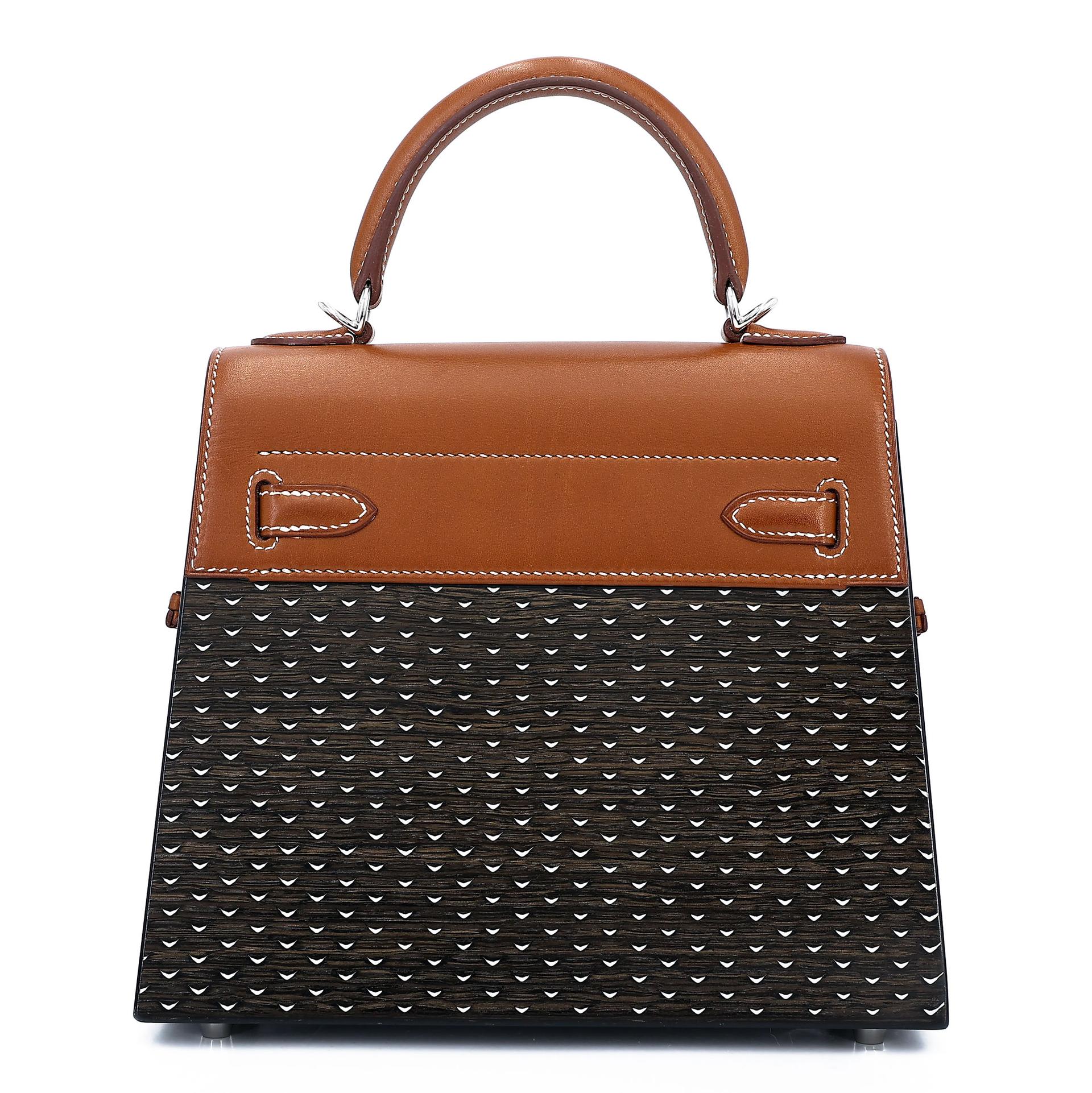 Excellent ( Rank SA ) HERMÈS Limited Edition Kelly Wood 22 Noir (89) Fauve (34) Barenia Wood Palladium hardware Z (2021) - 2