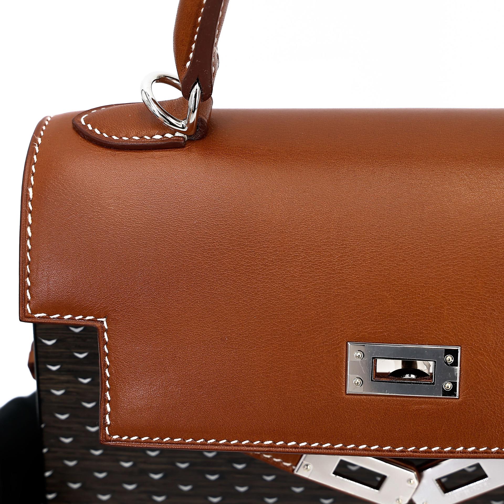 Excellent ( Rank SA ) HERMÈS Limited Edition Kelly Wood 22 Noir (89) Fauve (34) Barenia Wood Palladium hardware Z (2021) - 18