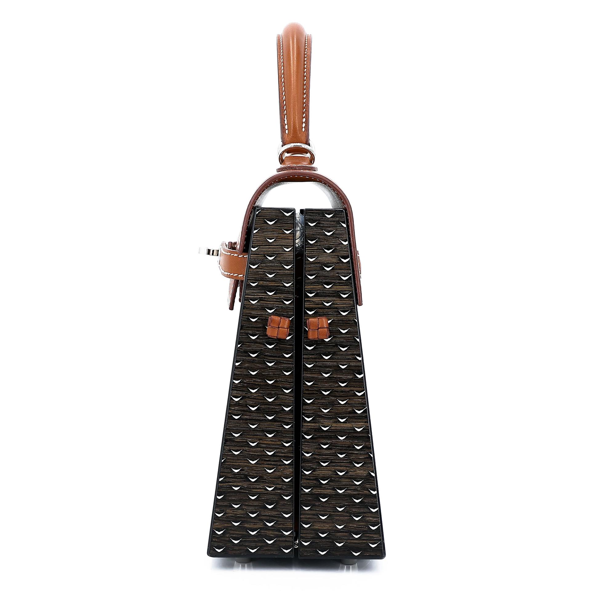 Excellent ( Rank SA ) HERMÈS Limited Edition Kelly Wood 22 Noir (89) Fauve (34) Barenia Wood Palladium hardware Z (2021) - 7
