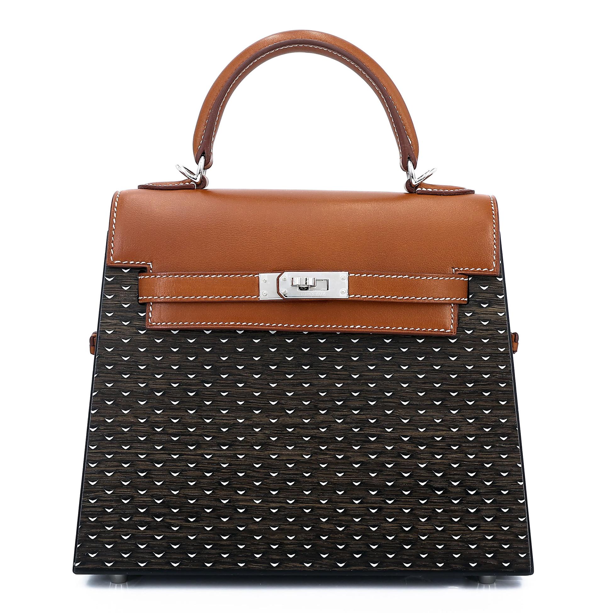 Excellent ( Rank SA ) HERMÈS Limited Edition Kelly Wood 22 Noir (89) Fauve (34) Barenia Wood Palladium hardware Z (2021) - 1