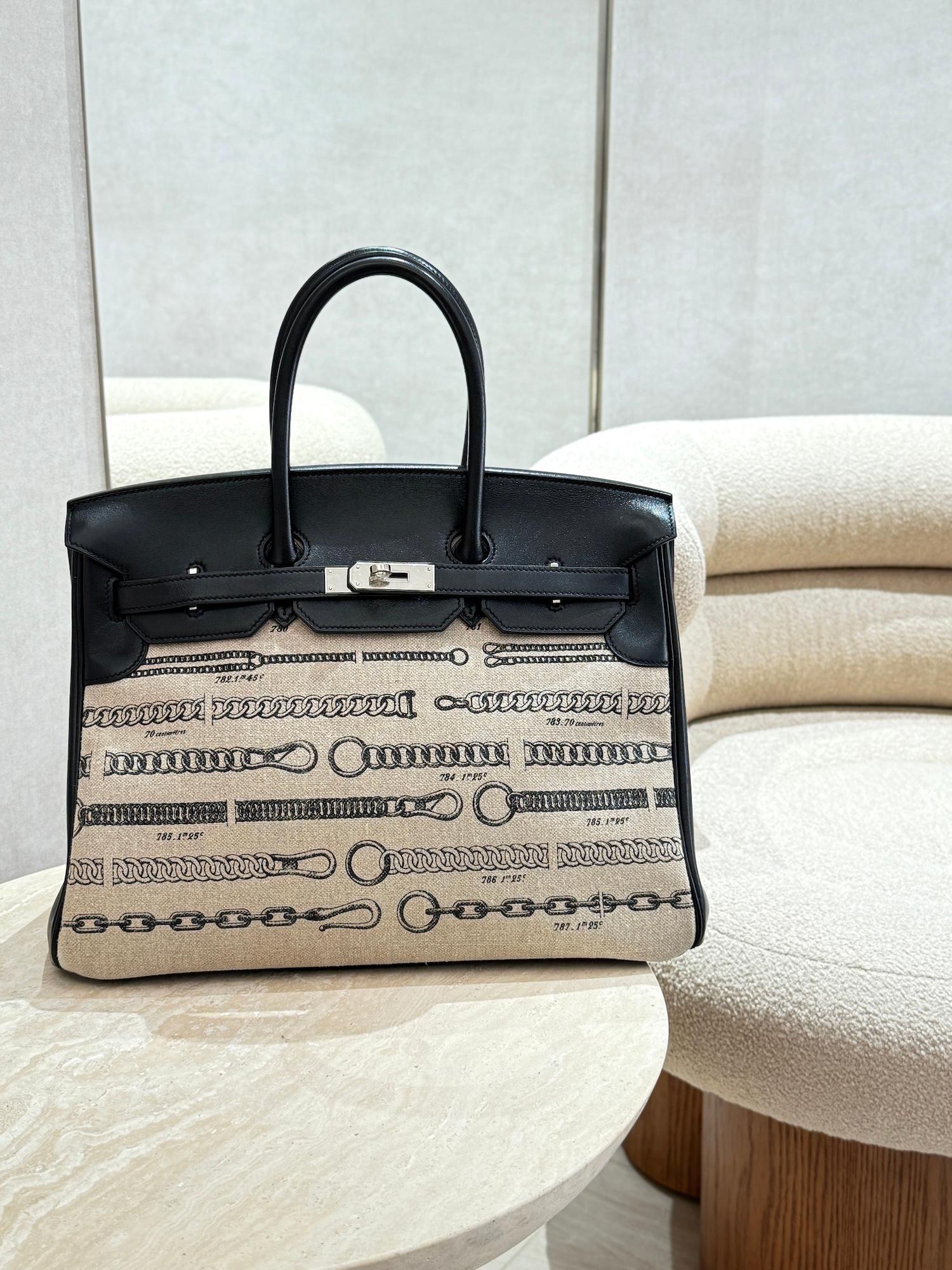 Very Good ( Rank A) HERMÈS Limited Edition Birkin 35 De Camp Dechainee Noir (89) Canvas Swift Palladium hardware C (2018) - 4