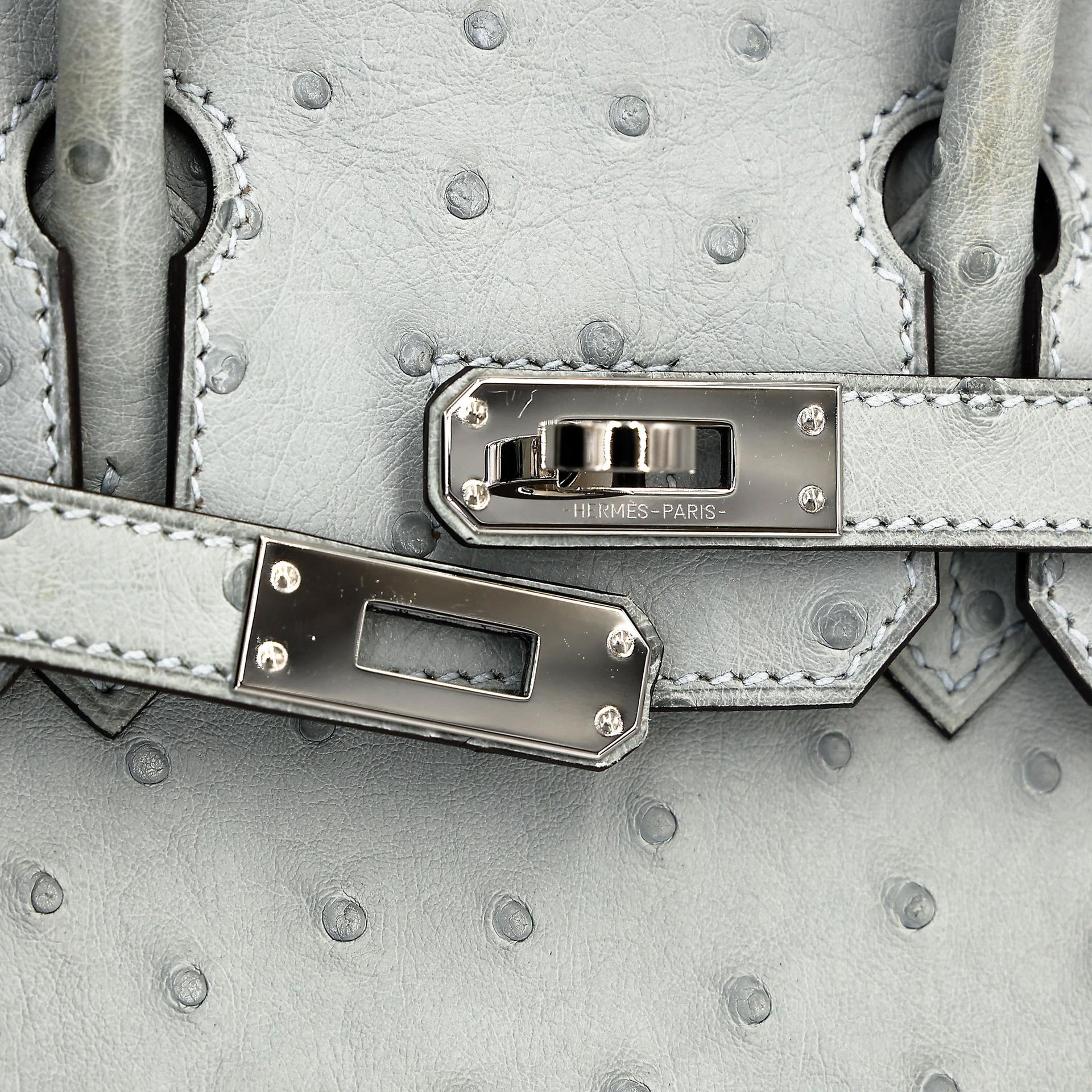 Excellent ( Rank SA ) HERMÈS Birkin 25 Bleu Glacier (8U) Ostrich Palladium hardware B (2023) - 15