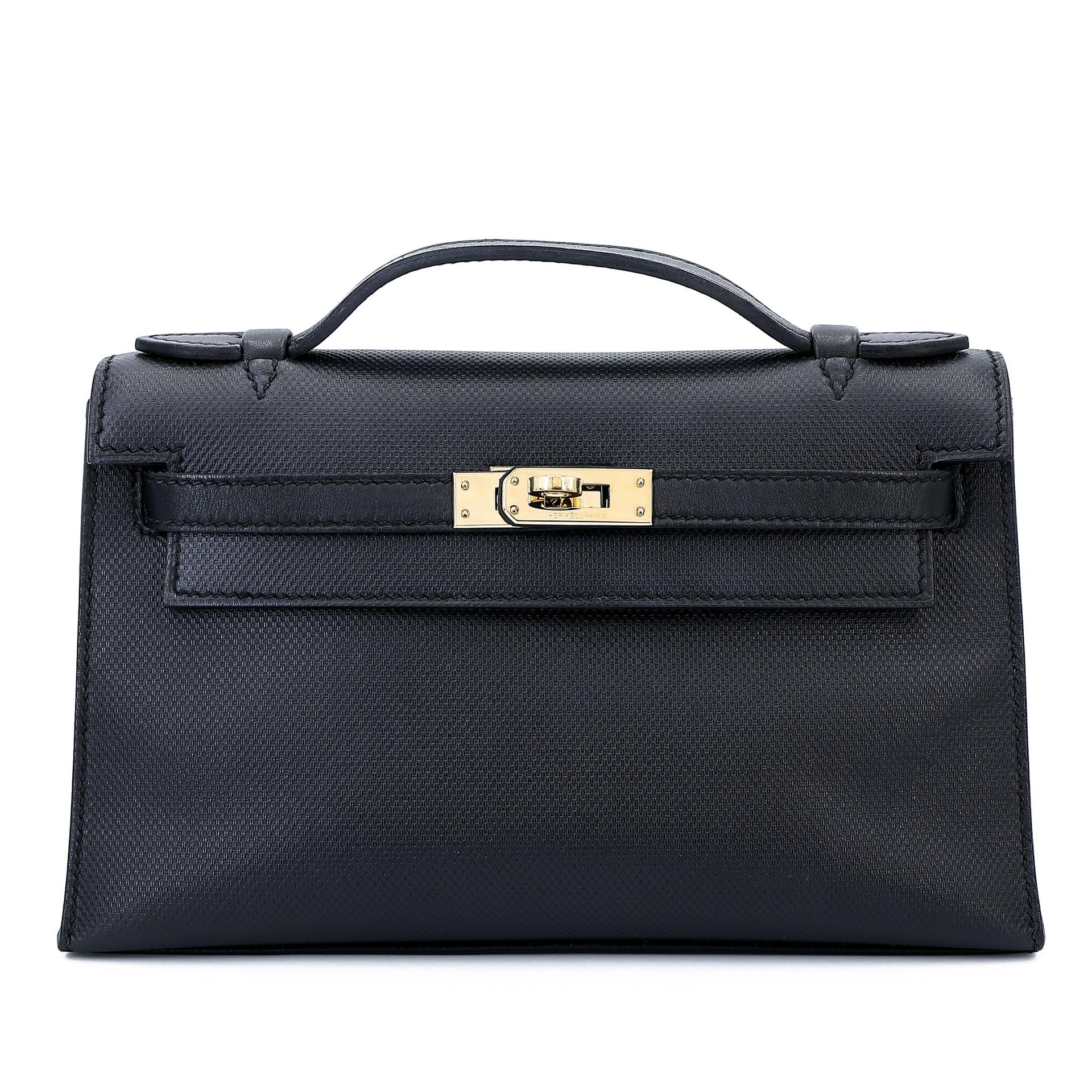 Very Good ( Rank A) HERMÈS Kelly Pochette Noir (89) Grain d`H Swift Permabrass hardware Square Q (2013) - 1