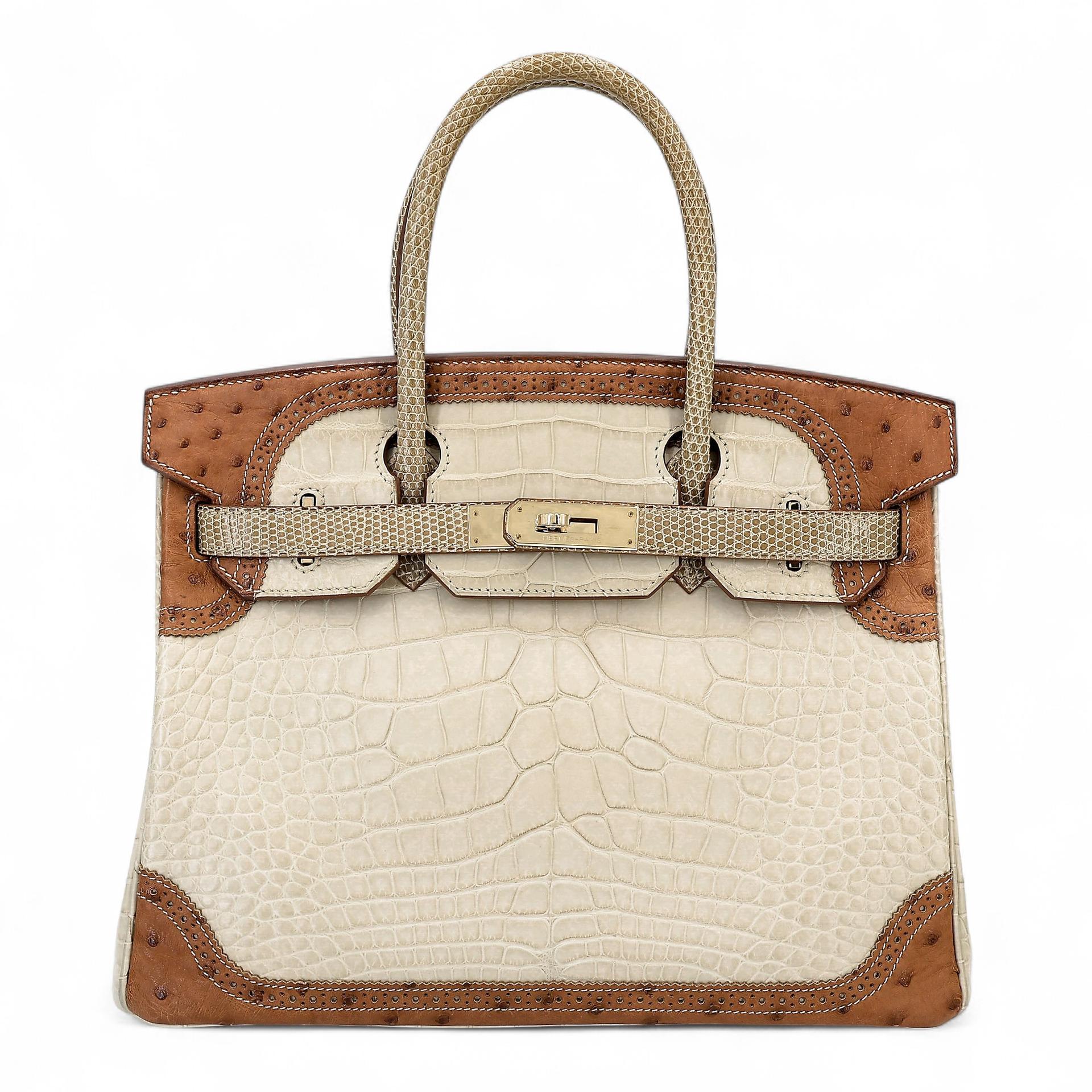 ランク A HERMÈS エルメス バーキンギリーズ 30 ベトン (8L) クロコダイル アリゲーター マット リザード オーストリッチ シャンパンゴールド金具 □R刻印 (2014) - 1