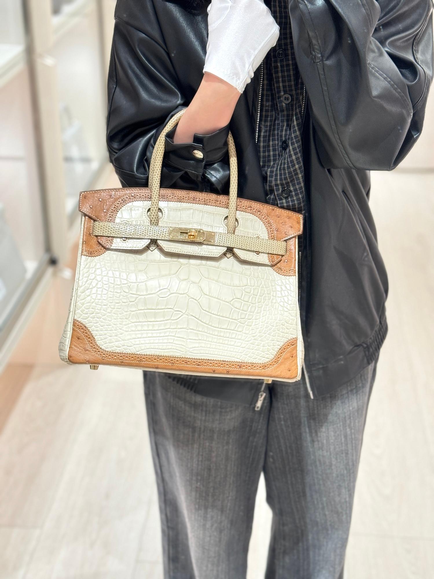 ランク A HERMÈS エルメス バーキンギリーズ 30 ベトン (8L) クロコダイル アリゲーター マット リザード オーストリッチ シャンパンゴールド金具 □R刻印 (2014) - 3