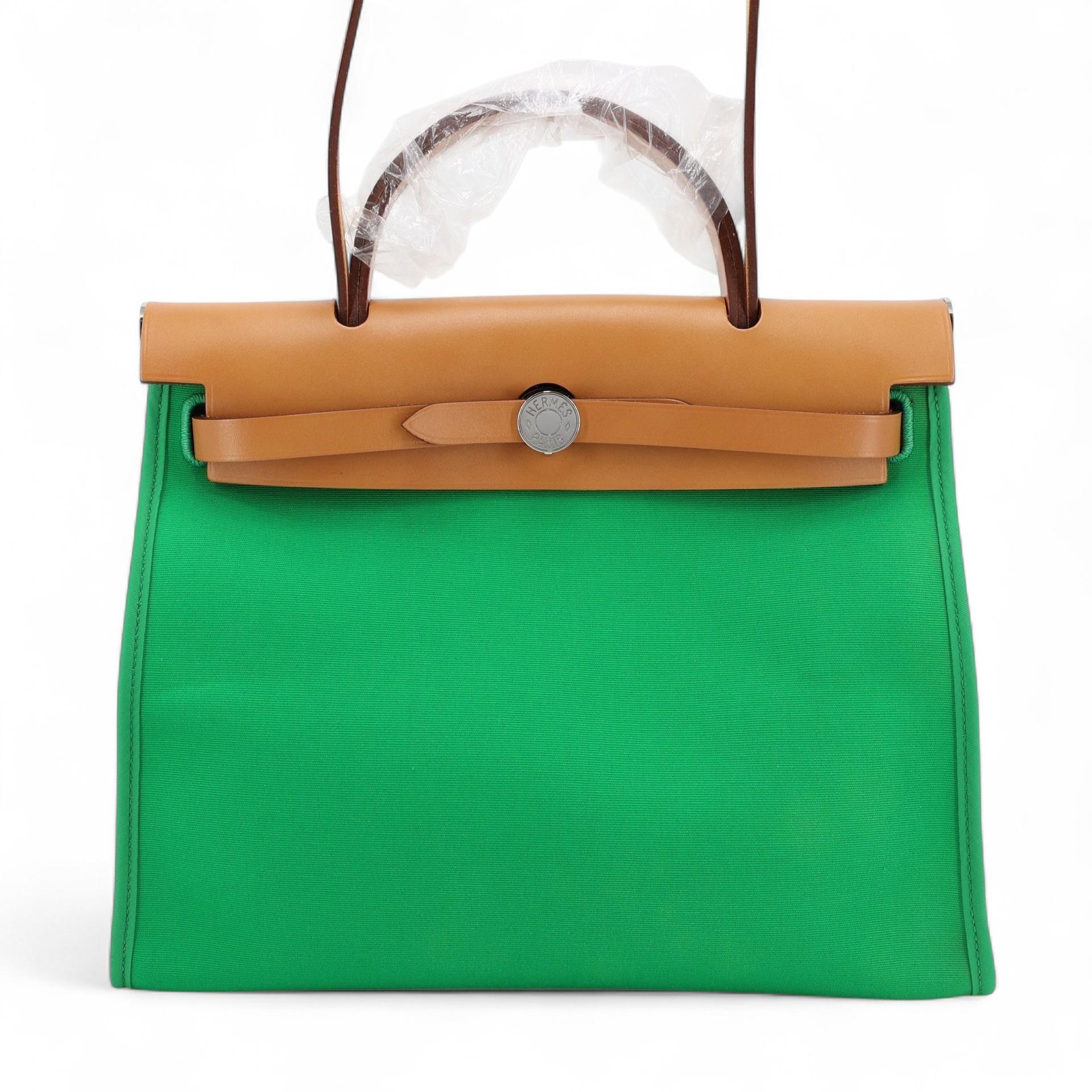 SA超美品 HERMÈS 愛馬仕 Herbag Zip 31 PM 1K 竹子綠 Bamboo Vache Hunter皮 帆布 銀扣 □R刻 2014年 - 1
