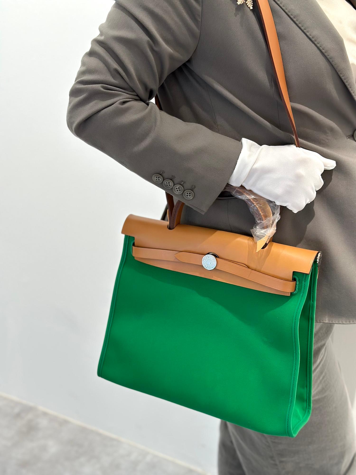 SA超美品 HERMÈS 愛馬仕 Herbag Zip 31 PM 1K 竹子綠 Bamboo Vache Hunter皮 帆布 銀扣 □R刻 2014年 - 3