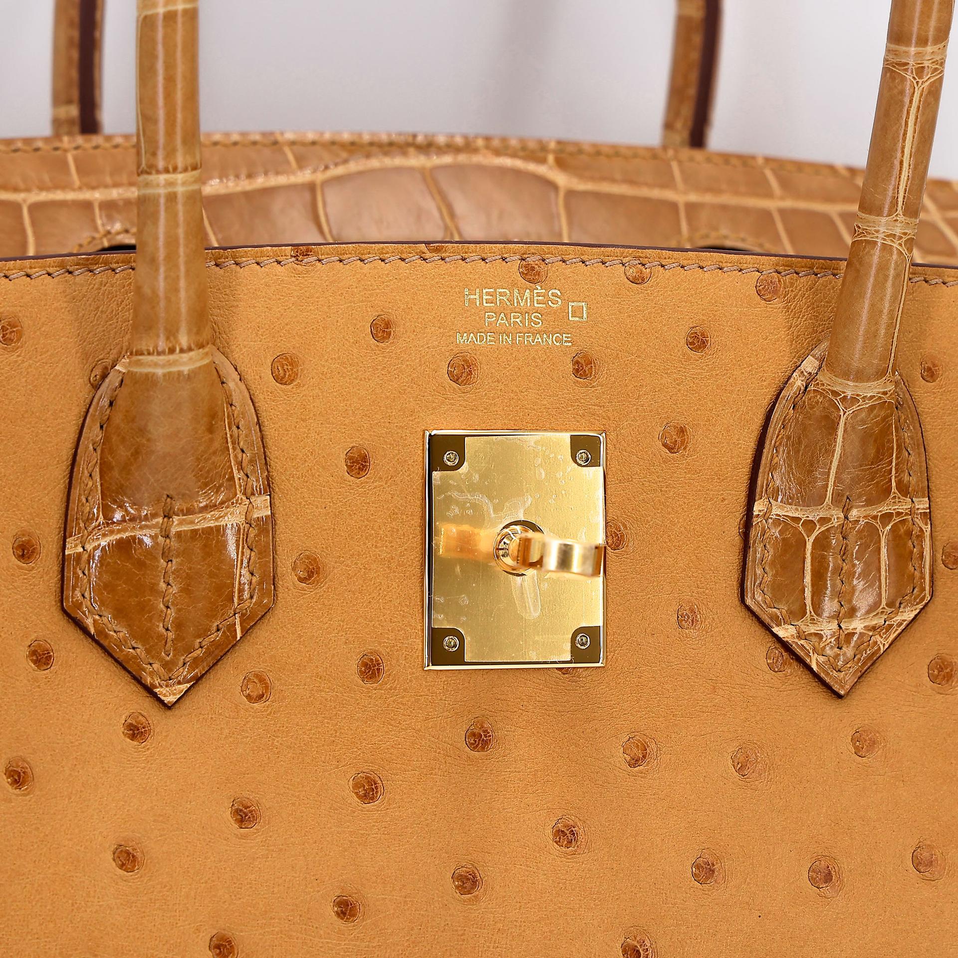 Unused ( Rank NS ) HERMÈS Birkin 30 Tabac Camel (24) Shiny Alligator Ostrich Gold hardware Z (2021) - 12