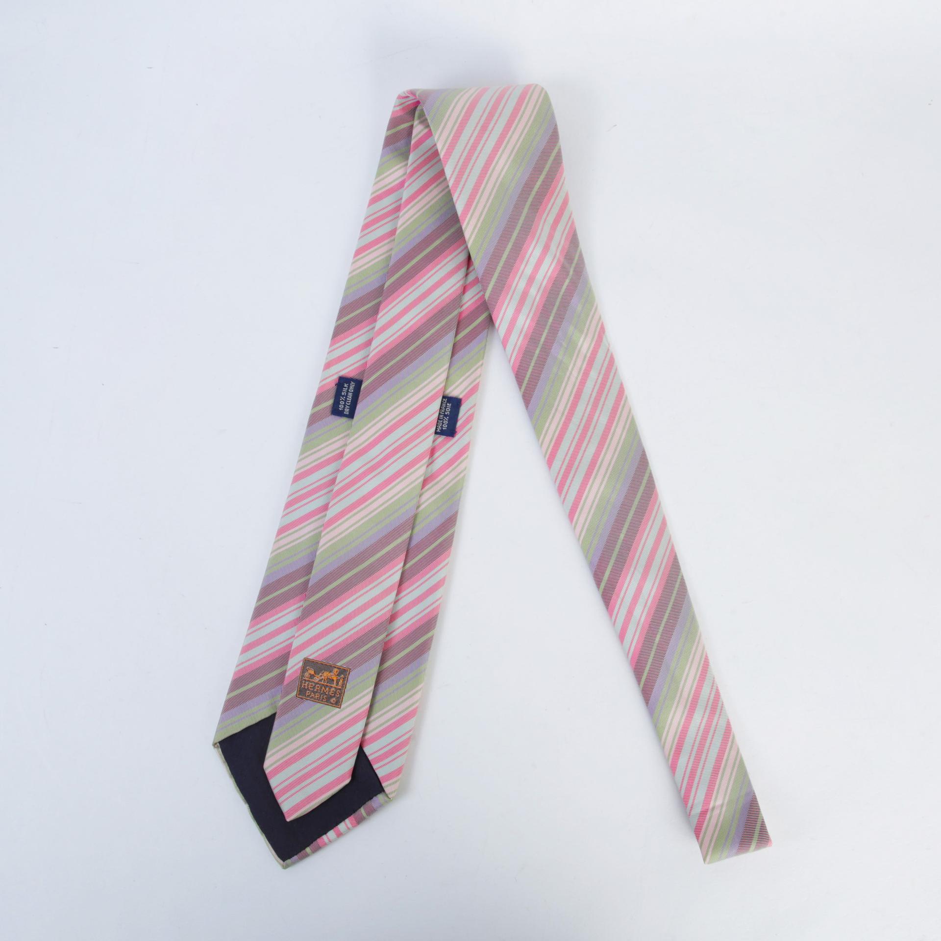 A美品 HERMÈS 爱马仕 领带 粉色 绿色 真丝 - 3