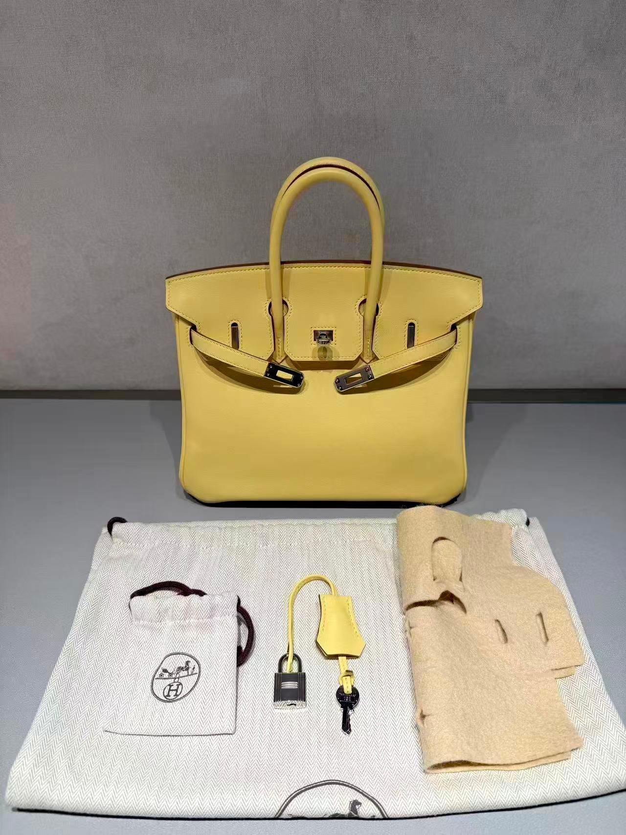 Excellent ( Rank SA ) HERMÈS Birkin 25 Jaune Poussin (1Z) Swift Palladium hardware R (2014) - 21
