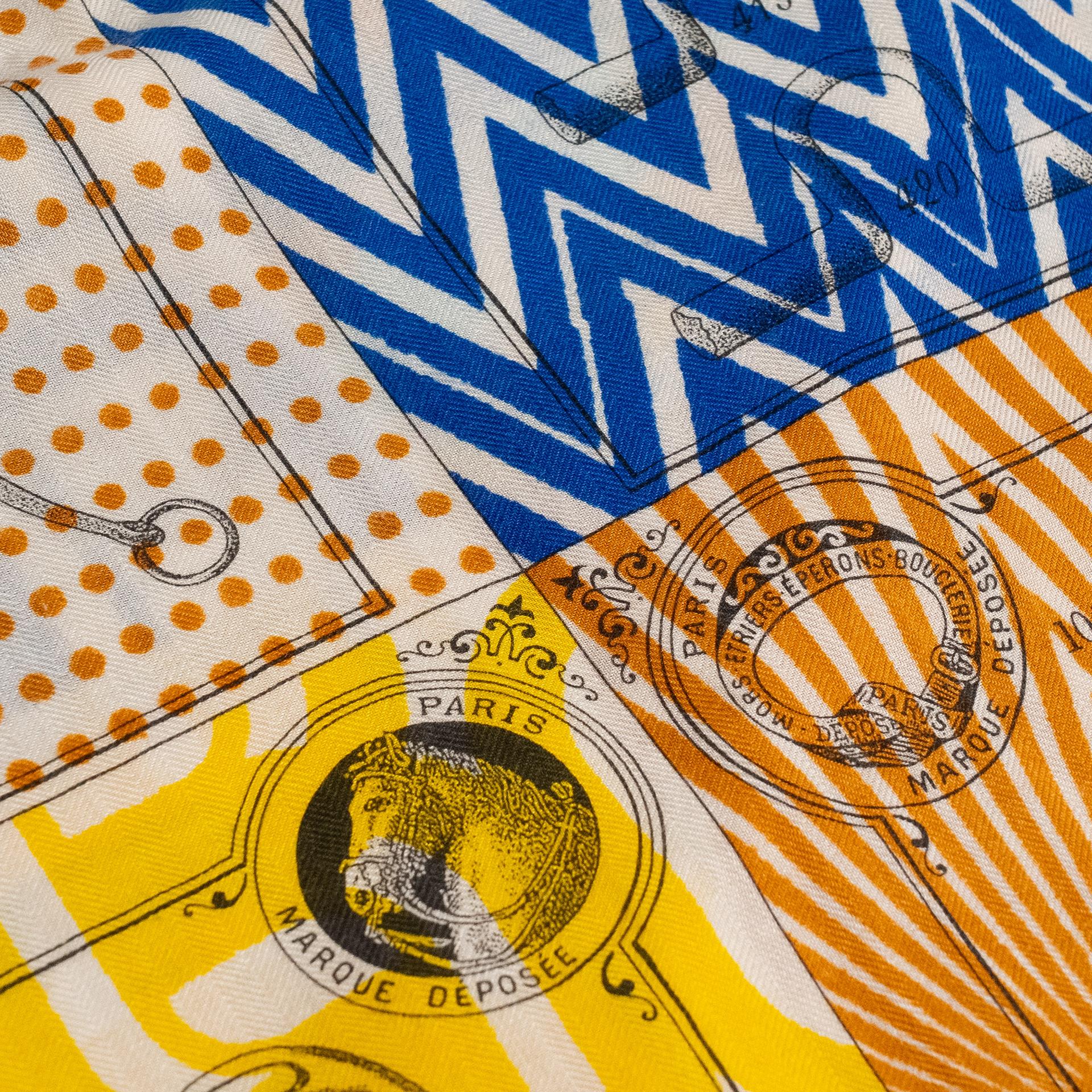 Very Good ( Rank A) HERMÈS Carre 140 Scarf MANUFACTURE DE BOUCLERIES Yellow Green Blue Gray White Silk Cashmere - 4