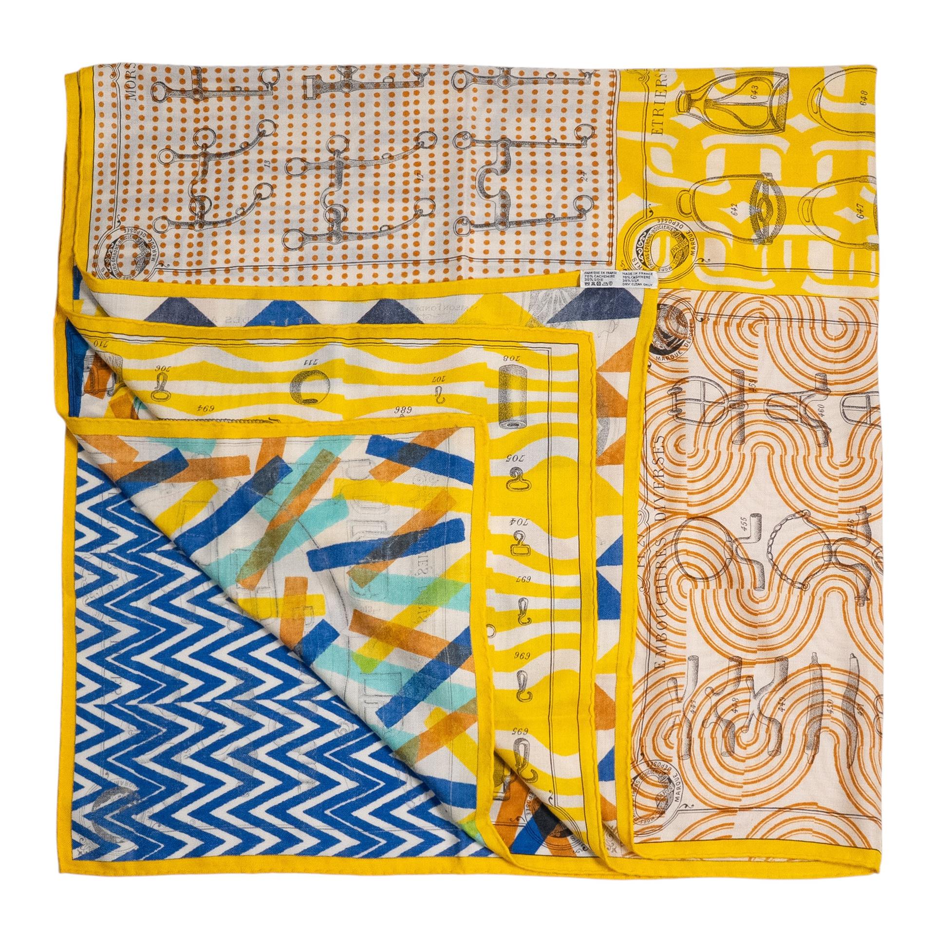 Very Good ( Rank A) HERMÈS Carre 140 Scarf MANUFACTURE DE BOUCLERIES Yellow Green Blue Gray White Silk Cashmere - 1