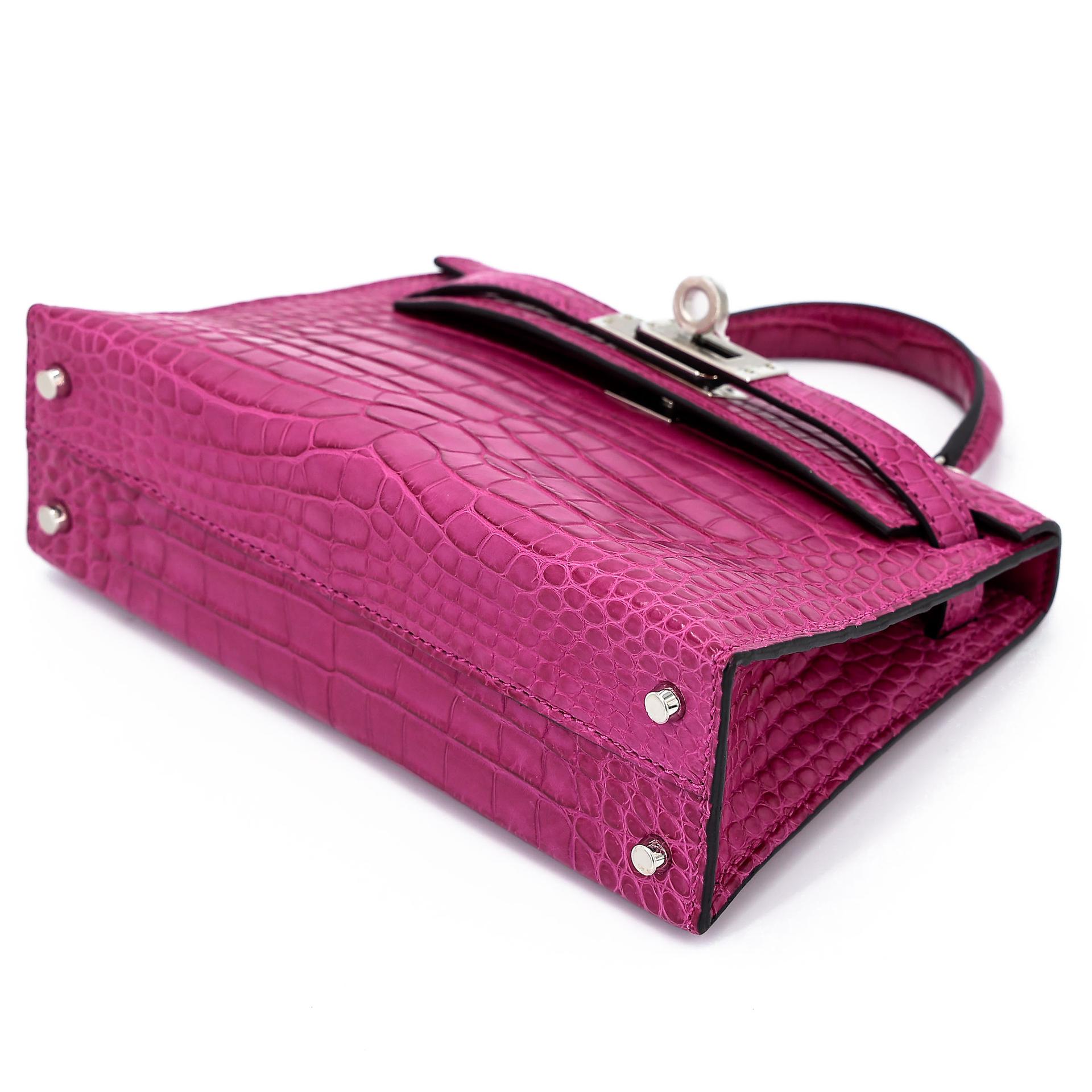 Excellent ( Rank SA ) HERMÈS Mini Kelly II Rose Scheherazade (J5) Matte Alligator Palladium hardware Y (2020) - 4