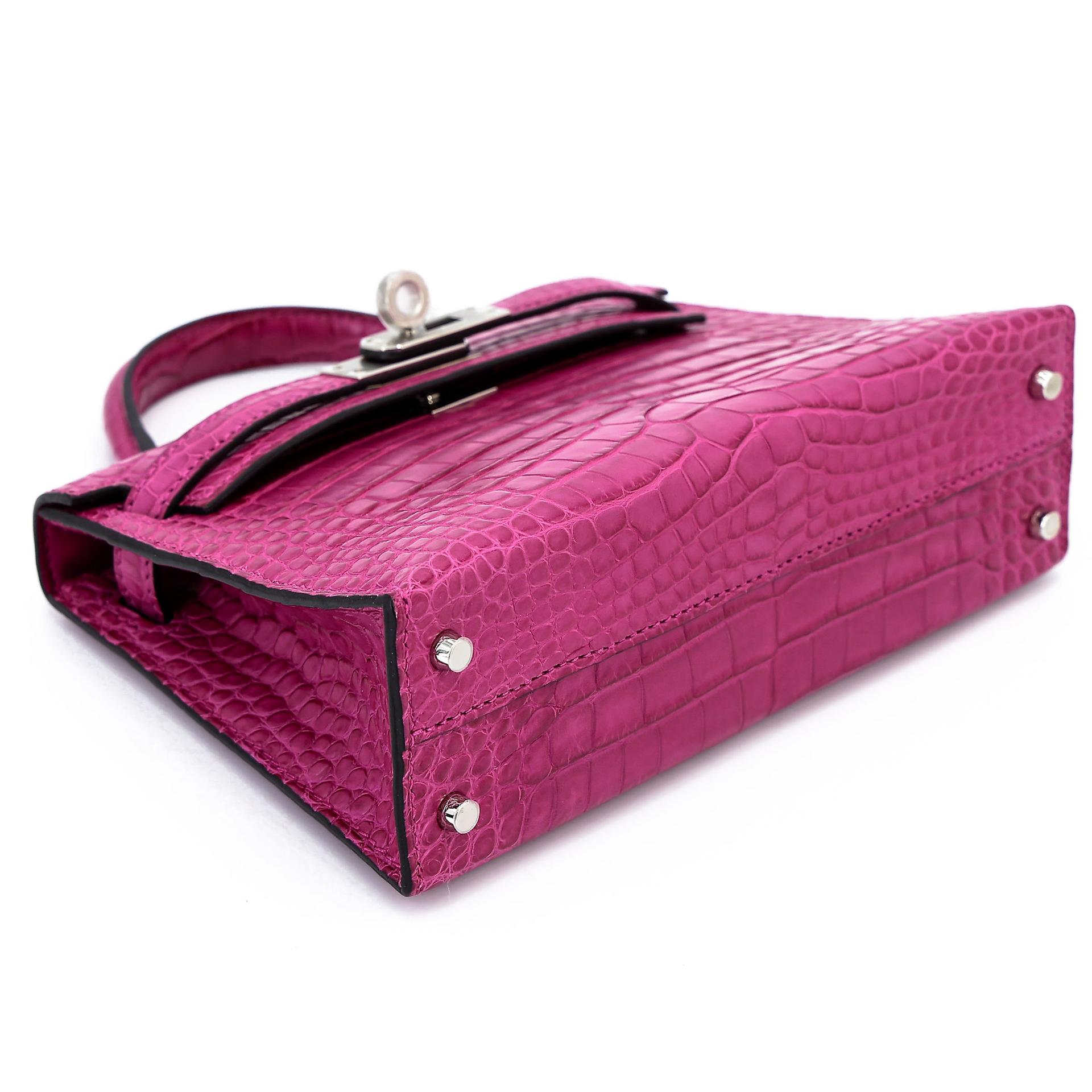 Excellent ( Rank SA ) HERMÈS Mini Kelly II Rose Scheherazade (J5) Matte Alligator Palladium hardware Y (2020) - 5