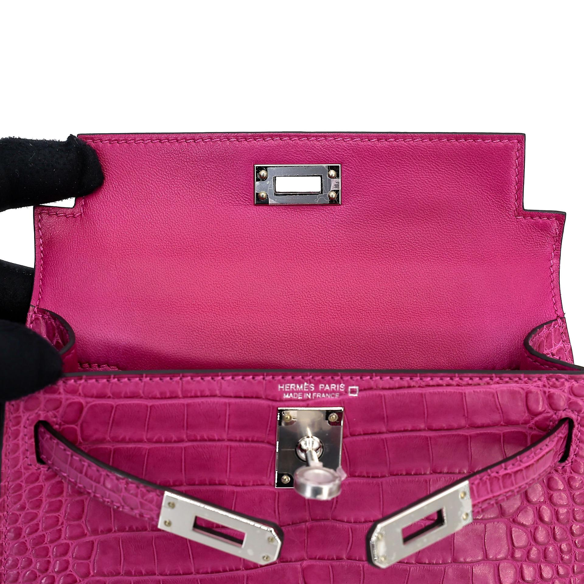 Excellent ( Rank SA ) HERMÈS Mini Kelly II Rose Scheherazade (J5) Matte Alligator Palladium hardware Y (2020) - 14