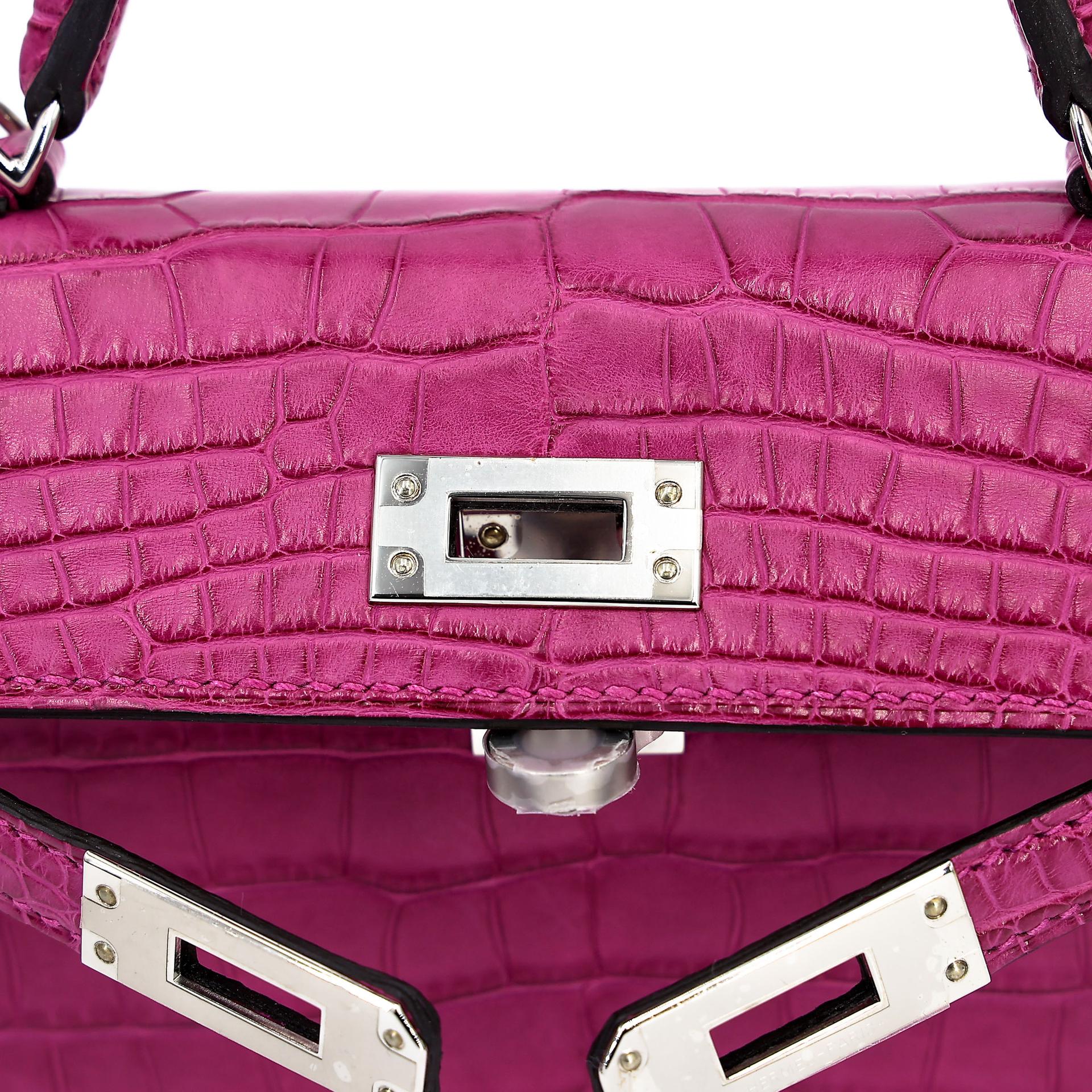 Excellent ( Rank SA ) HERMÈS Mini Kelly II Rose Scheherazade (J5) Matte Alligator Palladium hardware Y (2020) - 12