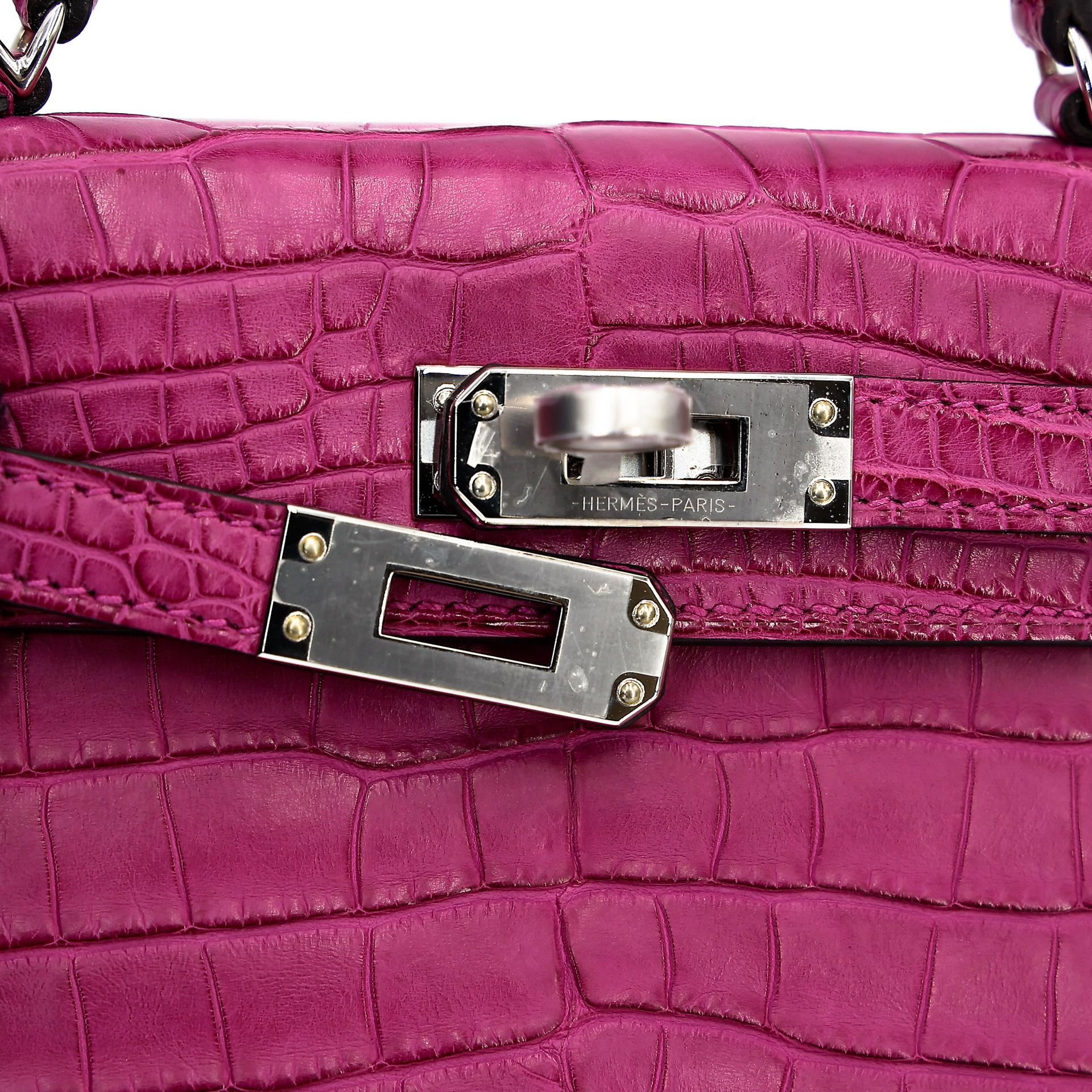 Excellent ( Rank SA ) HERMÈS Mini Kelly II Rose Scheherazade (J5) Matte Alligator Palladium hardware Y (2020) - 10