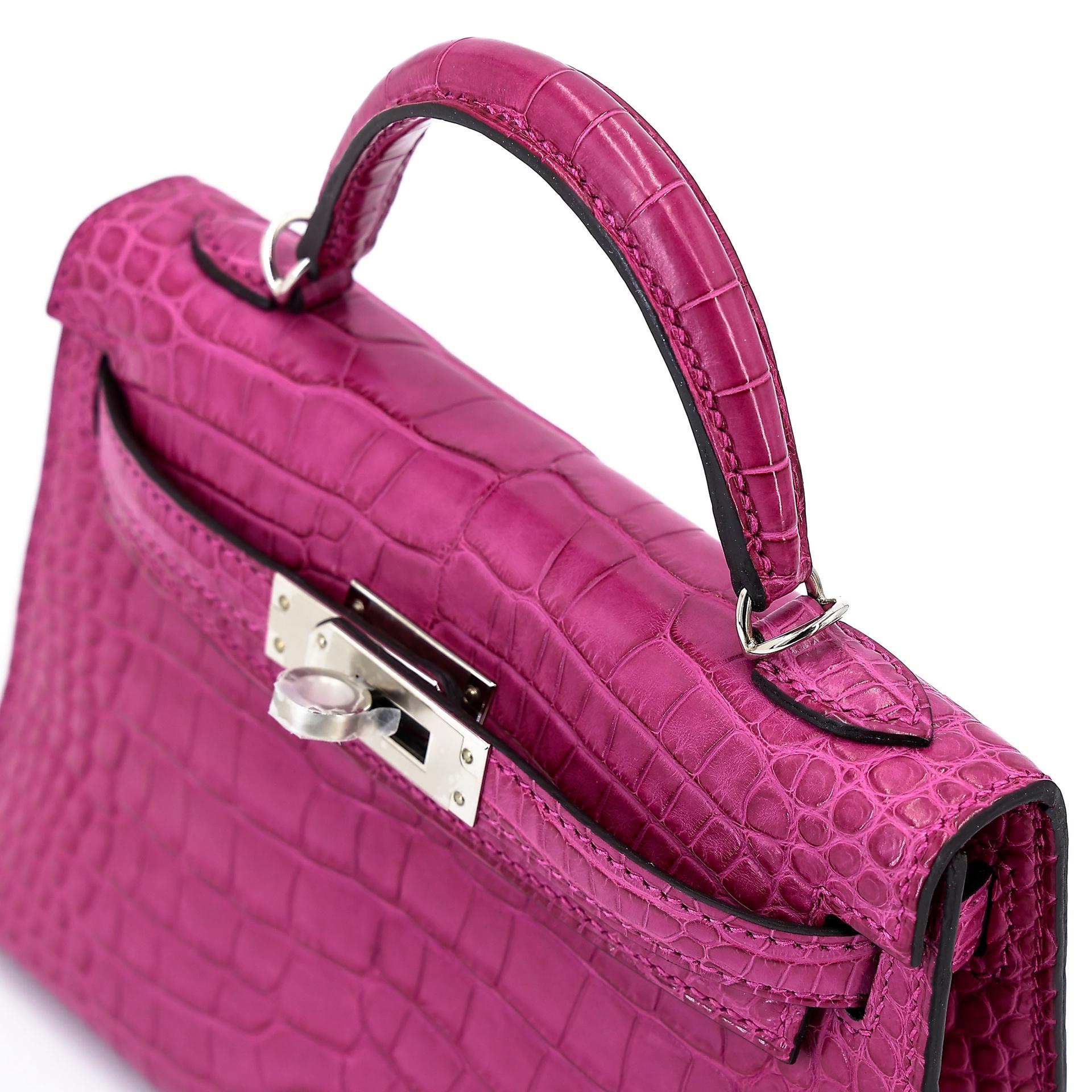 Excellent ( Rank SA ) HERMÈS Mini Kelly II Rose Scheherazade (J5) Matte Alligator Palladium hardware Y (2020) - 3