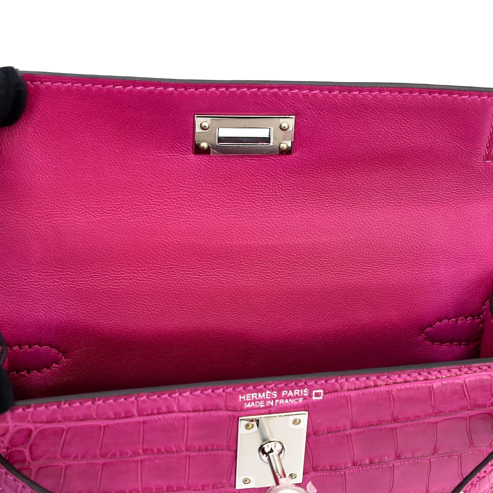 Excellent ( Rank SA ) HERMÈS Mini Kelly II Rose Scheherazade (J5) Matte Alligator Palladium hardware Y (2020) - 15