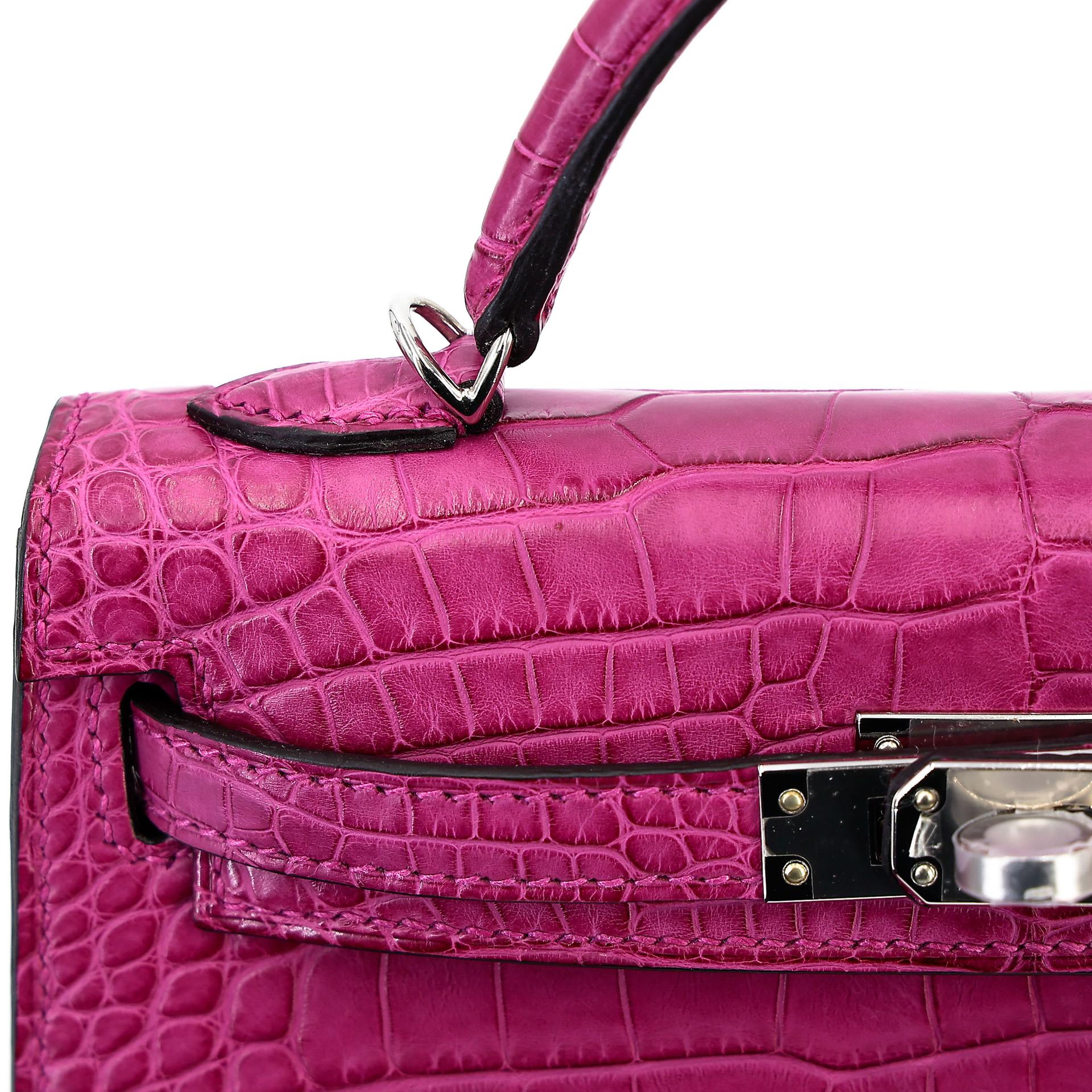 Excellent ( Rank SA ) HERMÈS Mini Kelly II Rose Scheherazade (J5) Matte Alligator Palladium hardware Y (2020) - 9