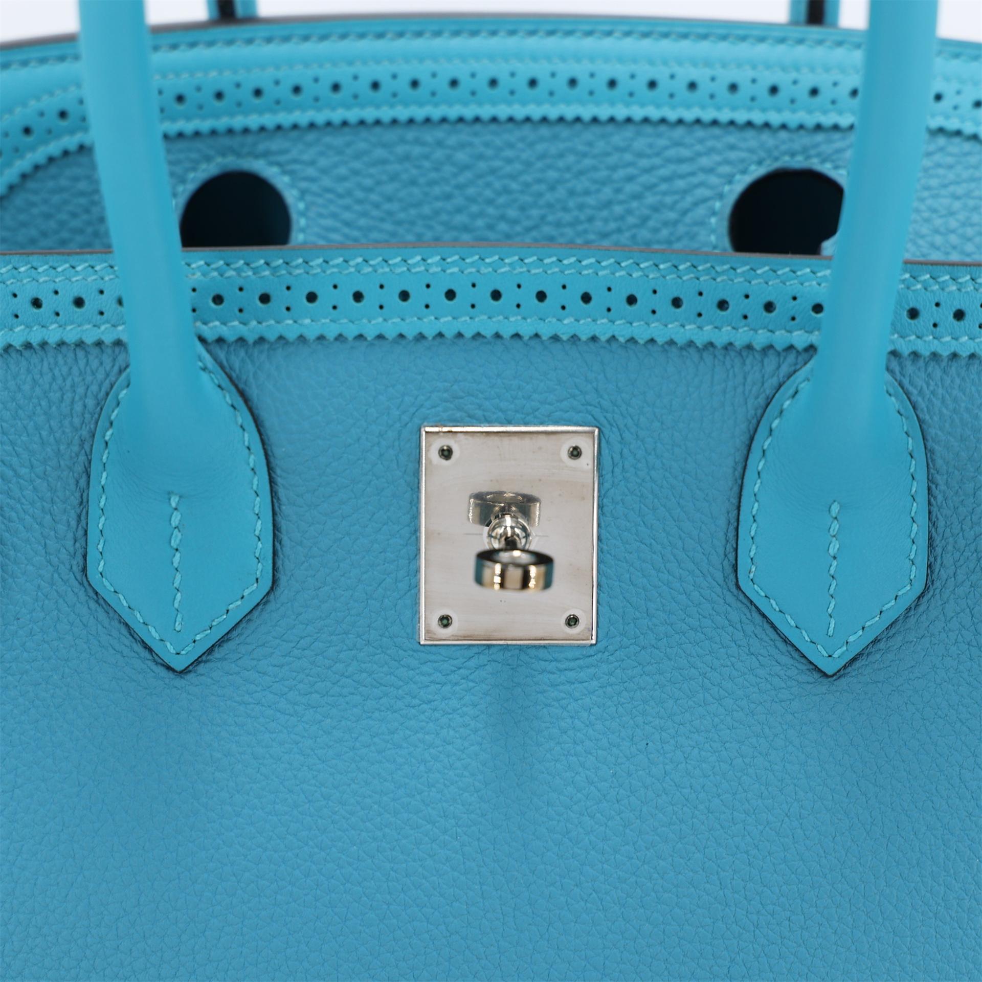 Unused ( Rank NS ) HERMÈS Limited Edition Birkin Ghillies 30 Turquoise (7B) Togo Swift Palladium hardware T (2015) - 10