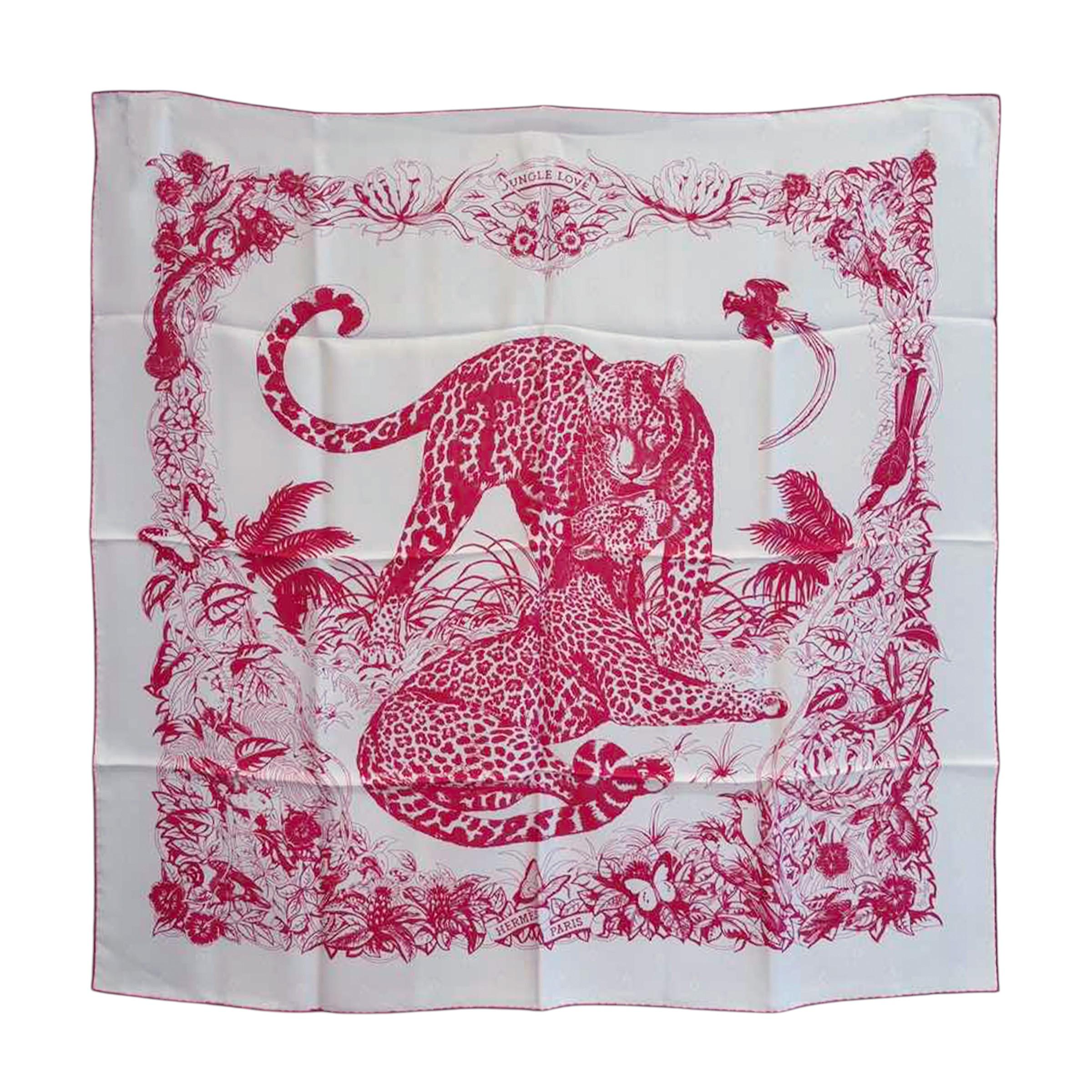Excellent ( Rank SA ) HERMÈS Carre 90 scarf JAUNGLE LOVE White (01) Pink (5P) Silk - 1