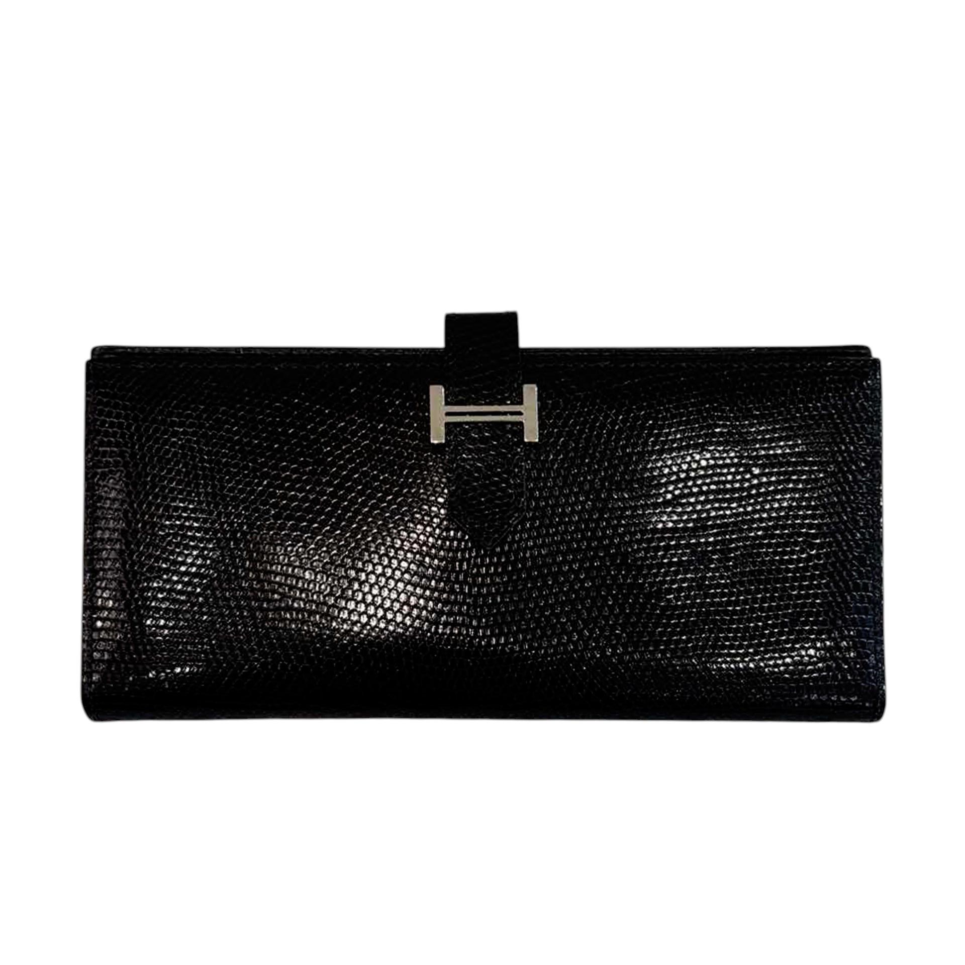 SA超美品  HERMÈS 愛馬仕  Bearn Souffle 長款錢包 89 黑色 Noir 蜥蜴皮 銀扣 □K刻 2007年 - 1