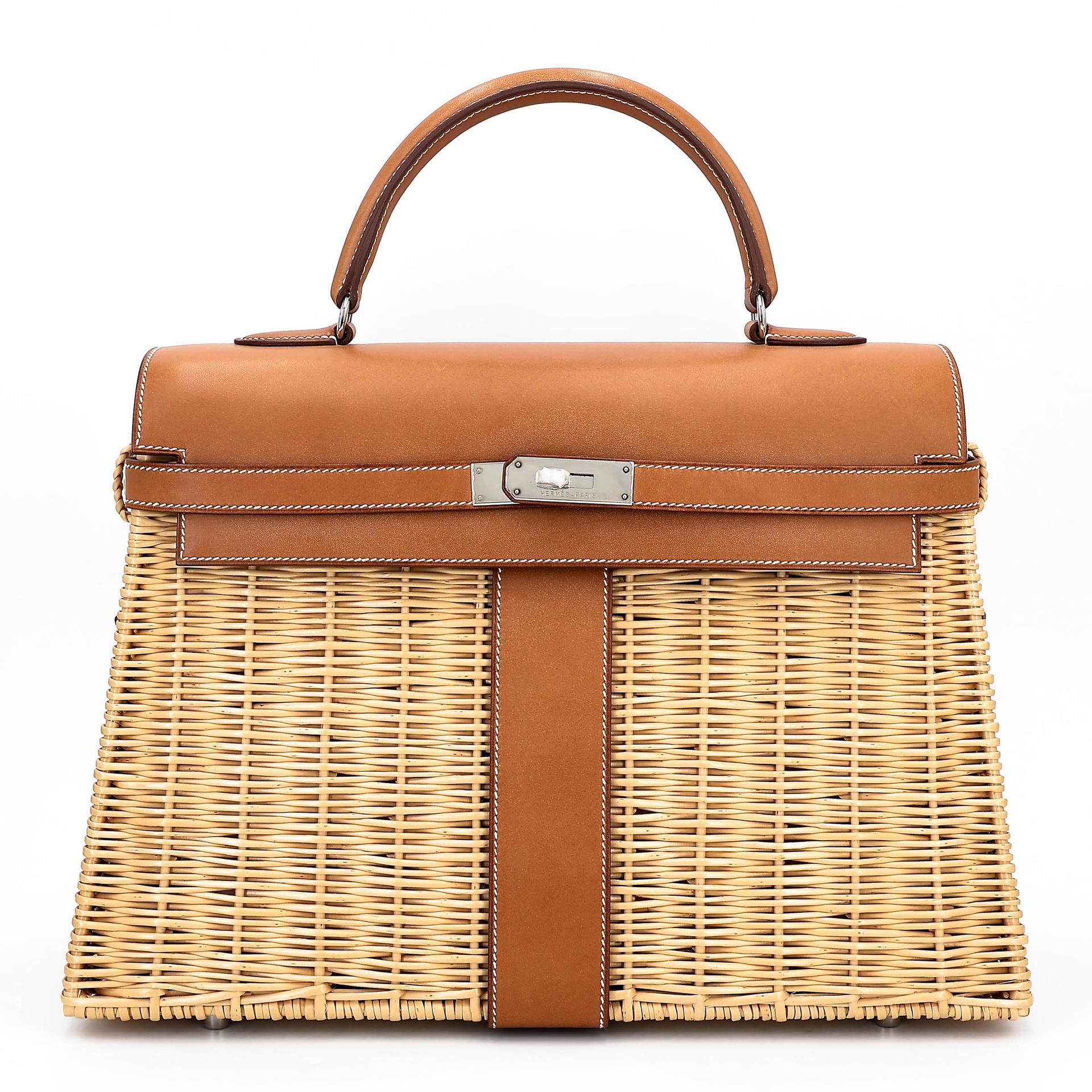 Very Good ( Rank A) HERMÈS Kelly 35 Picnic Fauve (34) Barenia Osier Wicker Palladium hardware Square O (2011) - 1