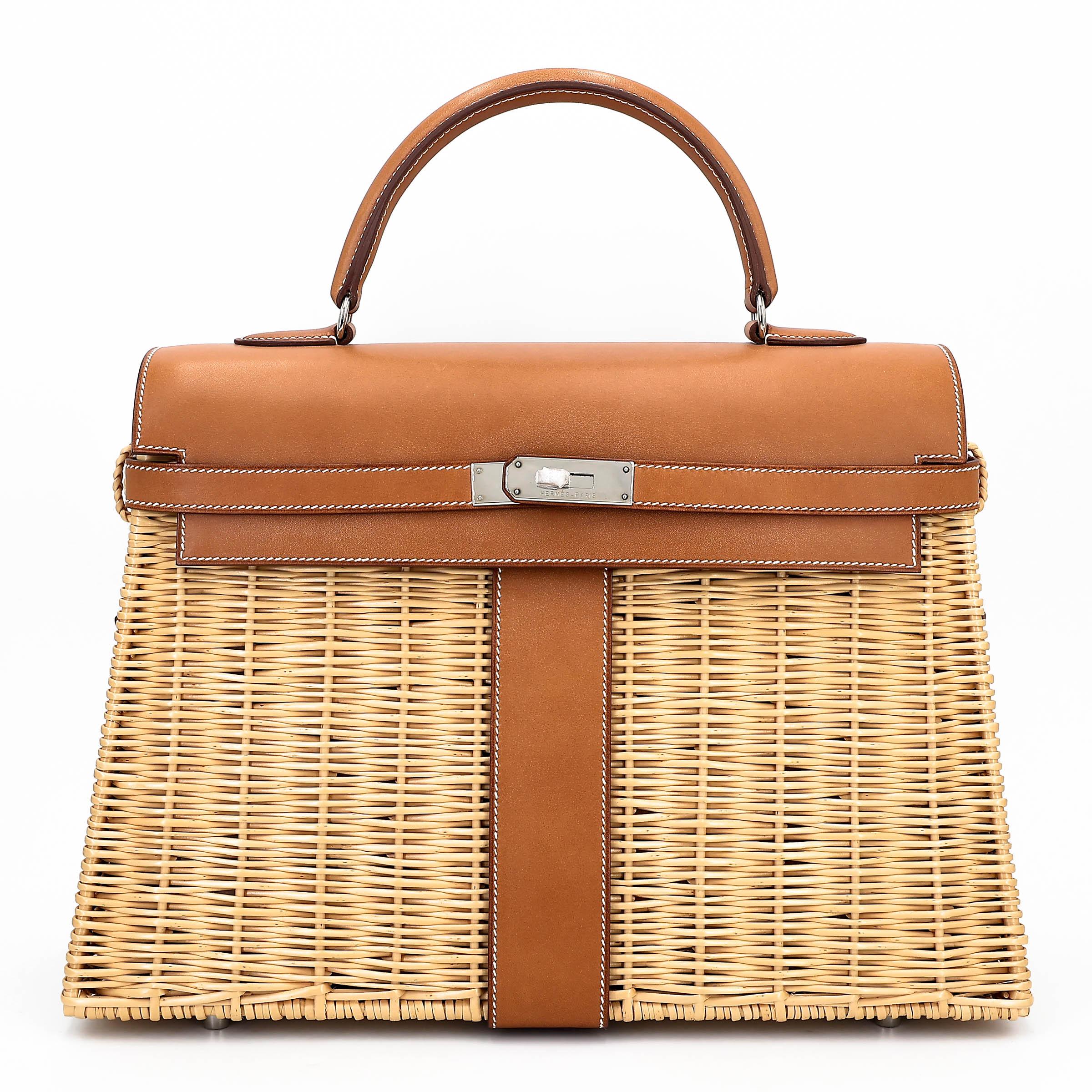 Very Good ( Rank A) HERMÈS Kelly 35 Picnic Fauve (34) Barenia Osier Wicker Palladium hardware Square O (2011) - 1