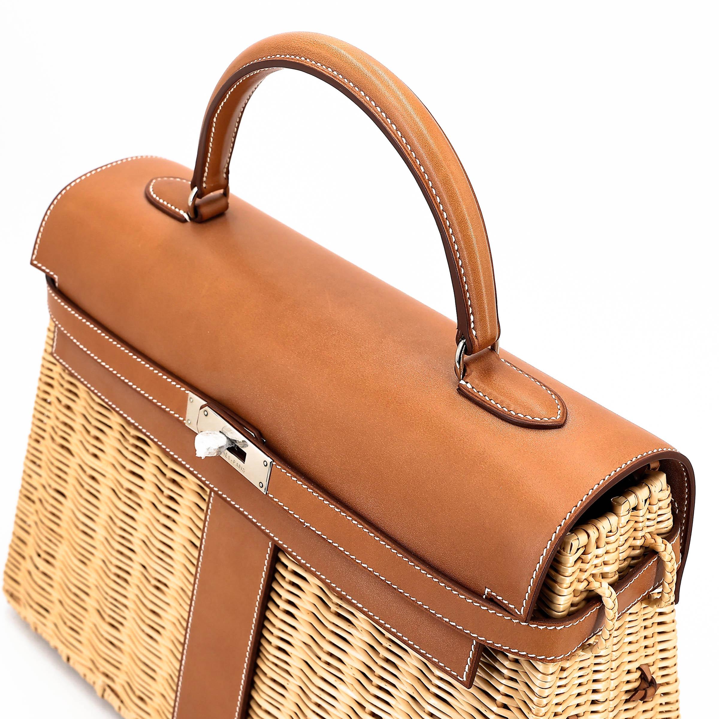 Very Good ( Rank A) HERMÈS Kelly 35 Picnic Fauve (34) Barenia Osier Wicker Palladium hardware Square O (2011) - 3