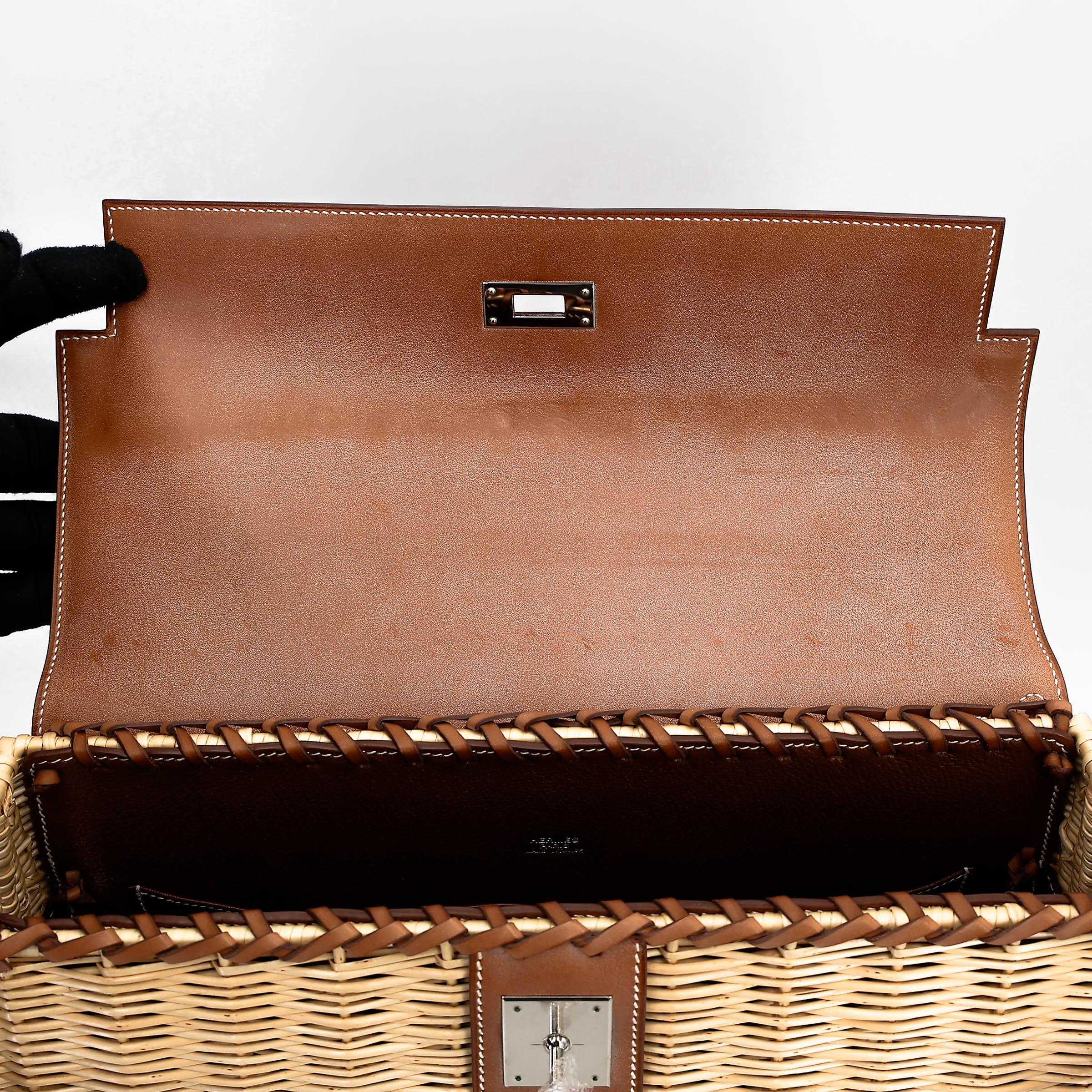 Very Good ( Rank A) HERMÈS Kelly 35 Picnic Fauve (34) Barenia Osier Wicker Palladium hardware Square O (2011) - 30