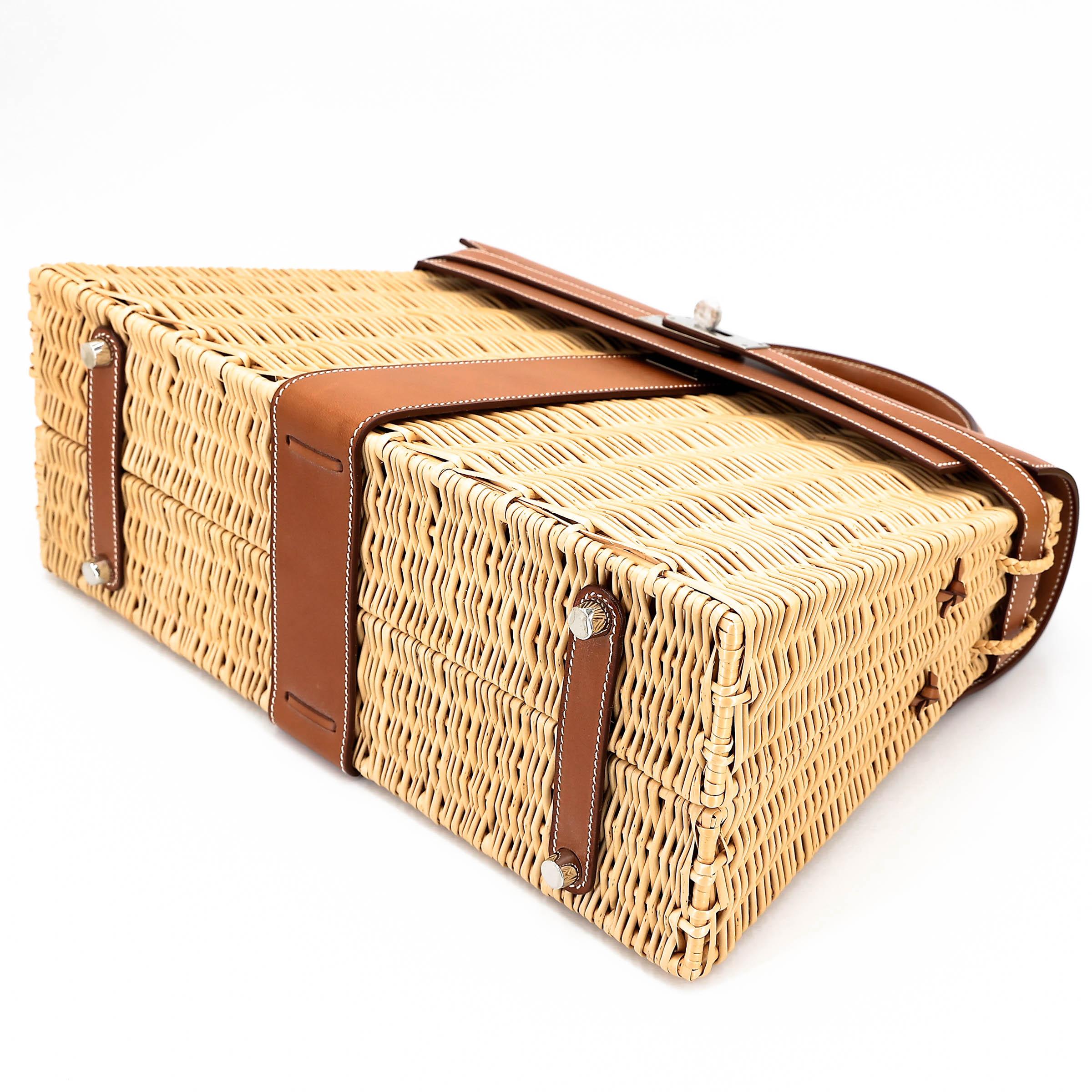 Very Good ( Rank A) HERMÈS Kelly 35 Picnic Fauve (34) Barenia Osier Wicker Palladium hardware Square O (2011) - 8