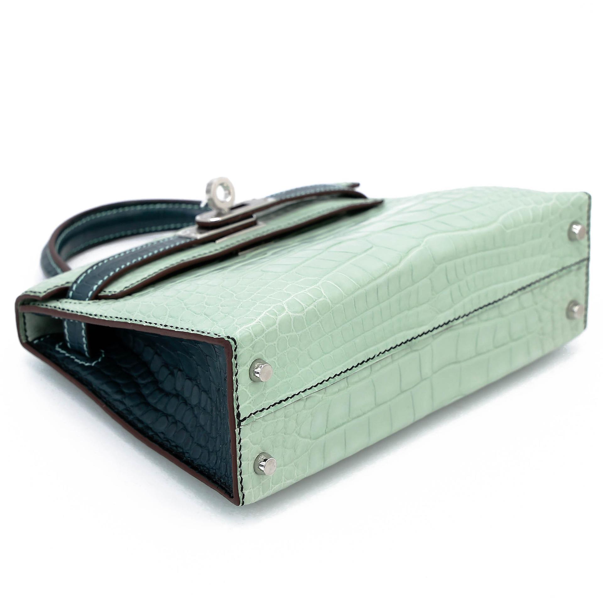 未使用保存品 HERMÈS 愛馬仕 馬蹄印定制 Mini Kelly 二代 6U Vert d’Eau 薄荷綠 6O 松柏綠 Vert Cypress □ 短吻鱷 霧面 銀扣 W刻 2024年 - 5