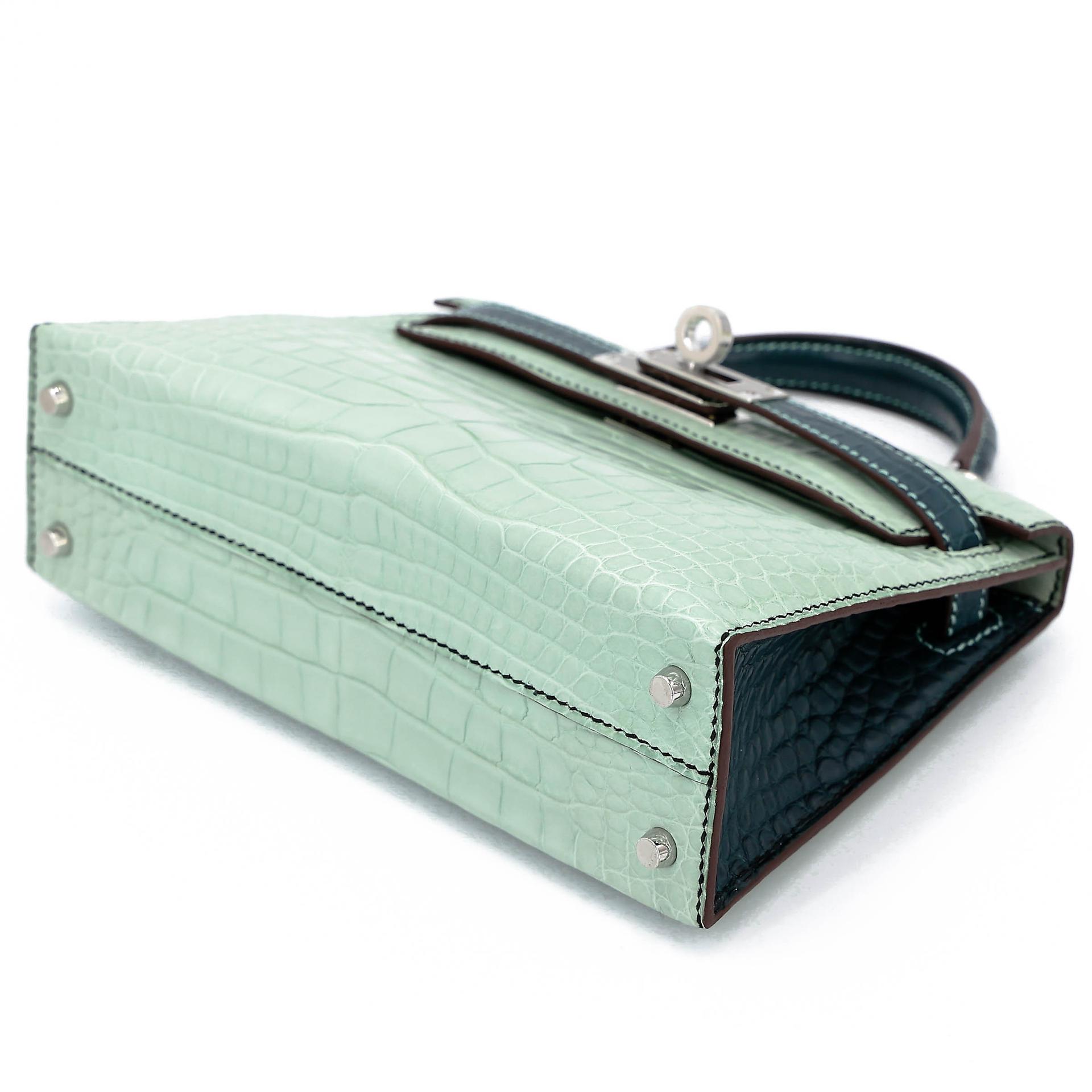 未使用保存品 HERMÈS 愛馬仕 馬蹄印定制 Mini Kelly 二代 6U Vert d’Eau 薄荷綠 6O 松柏綠 Vert Cypress □ 短吻鱷 霧面 銀扣 W刻 2024年 - 4